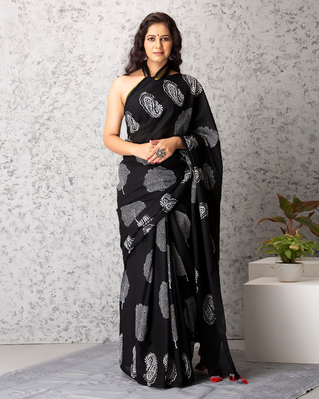 Black Paisley Handblock Printed Mulmul Saree