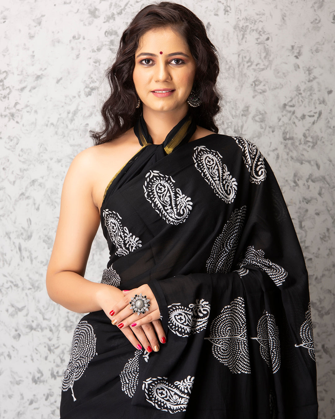 Black Paisley Handblock Printed Mulmul Saree