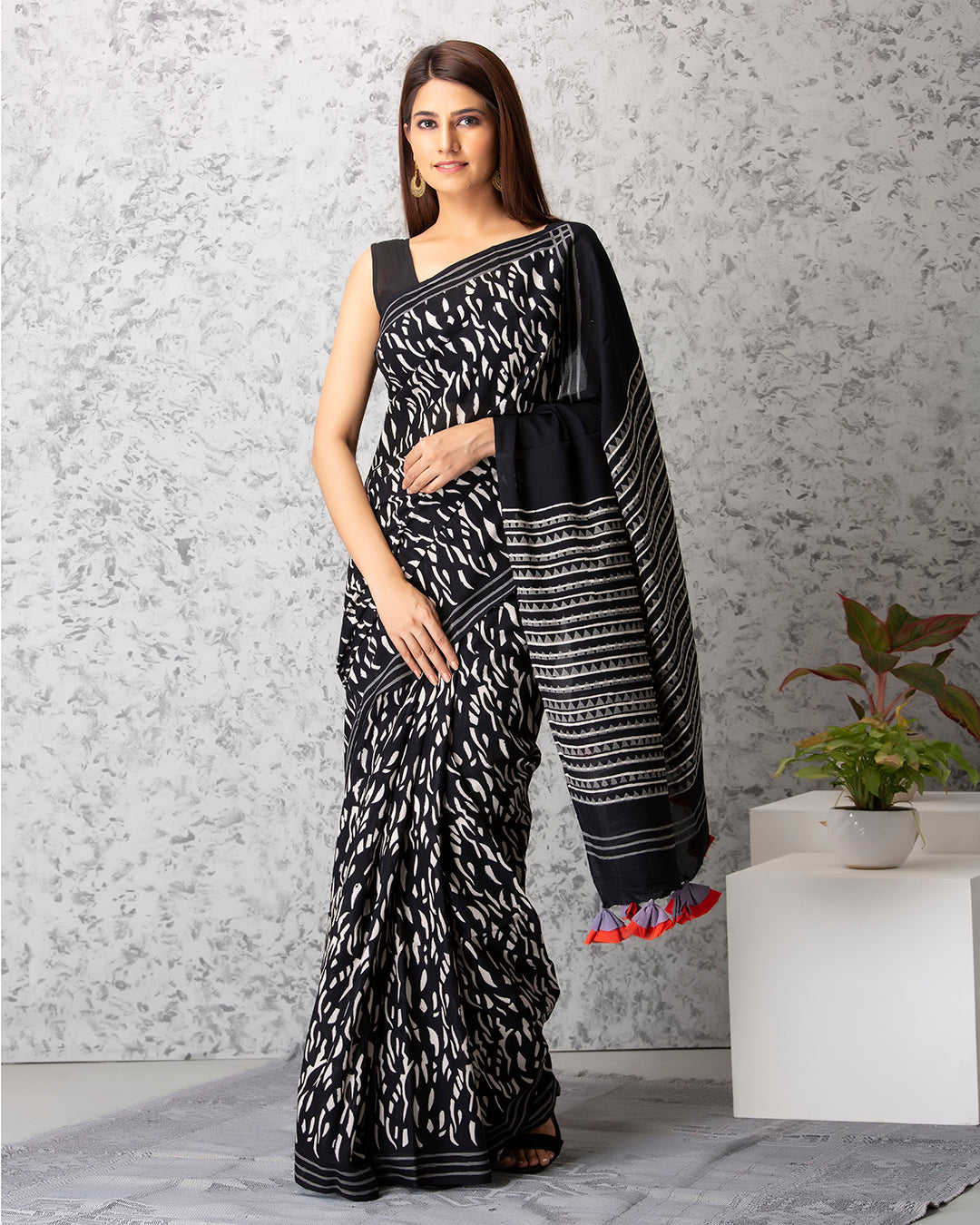 White Stripes Handblock Print Black Mulmul Saree
