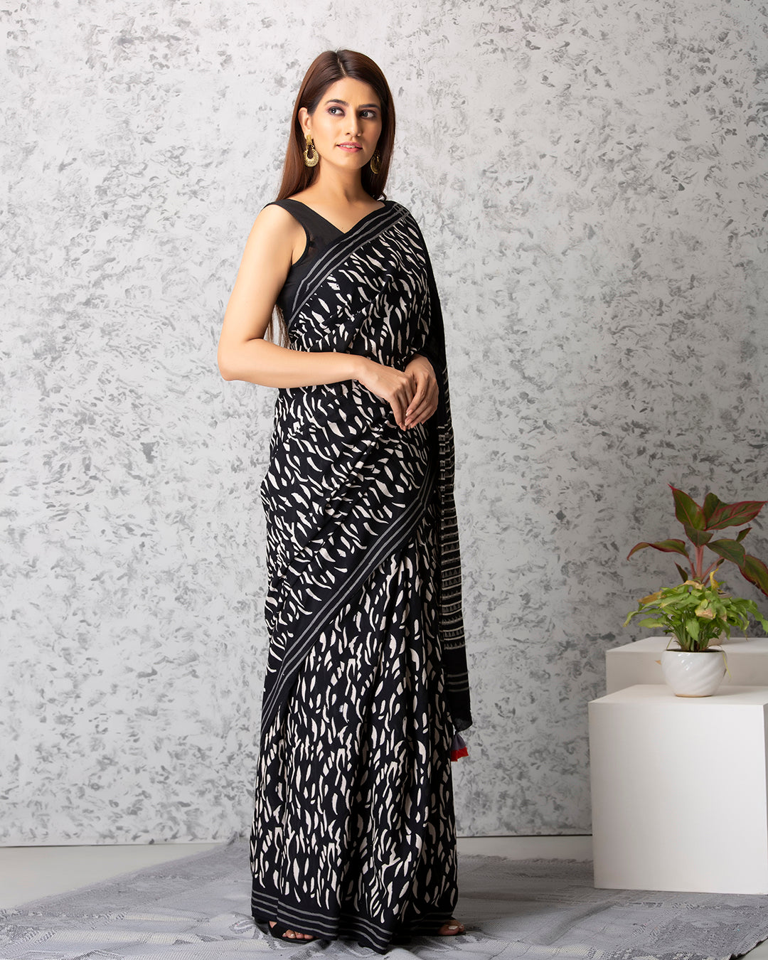 White Stripes Handblock Print Black Mulmul Saree