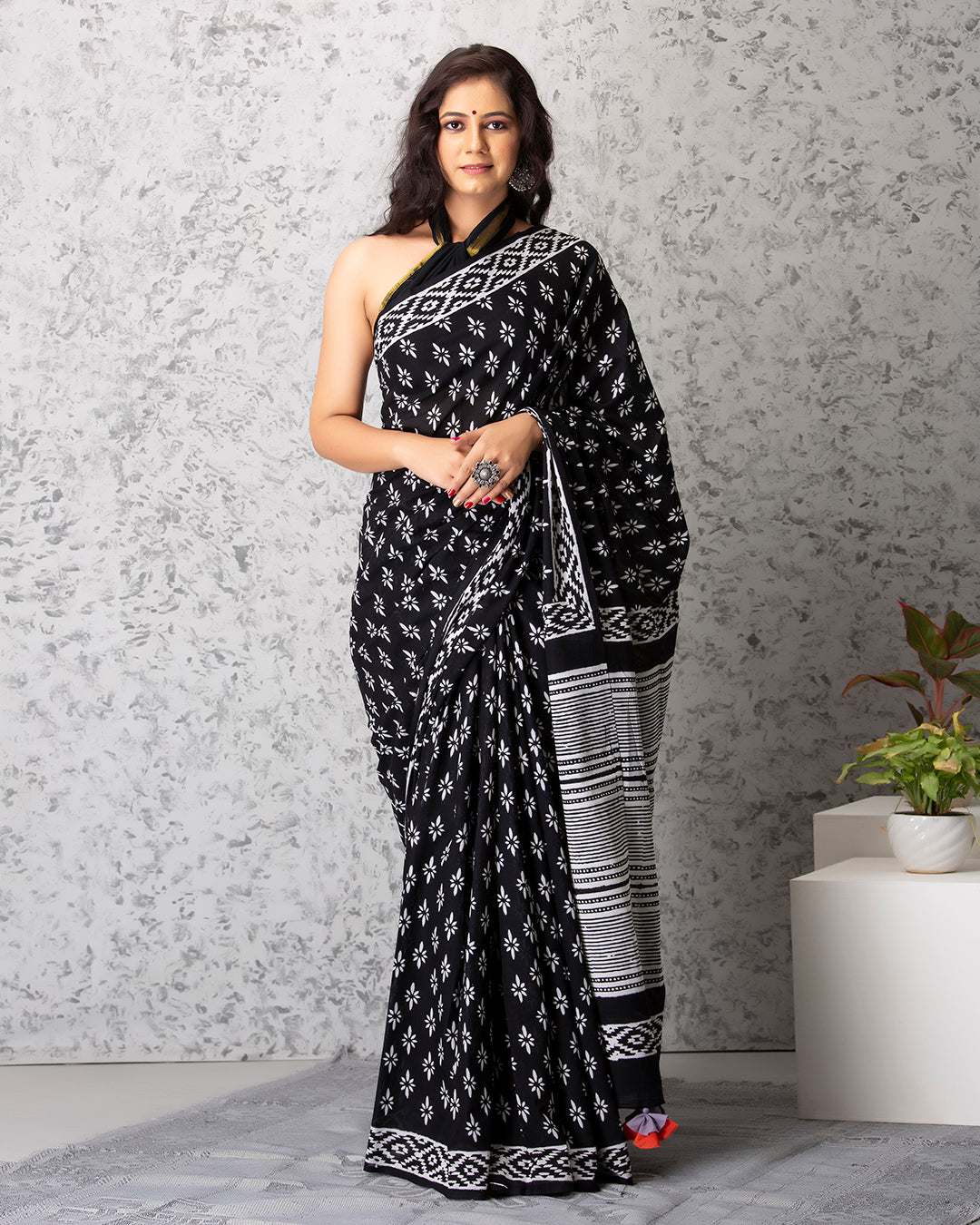 White Floral Geometric Handblock Print Black Mulmul Saree