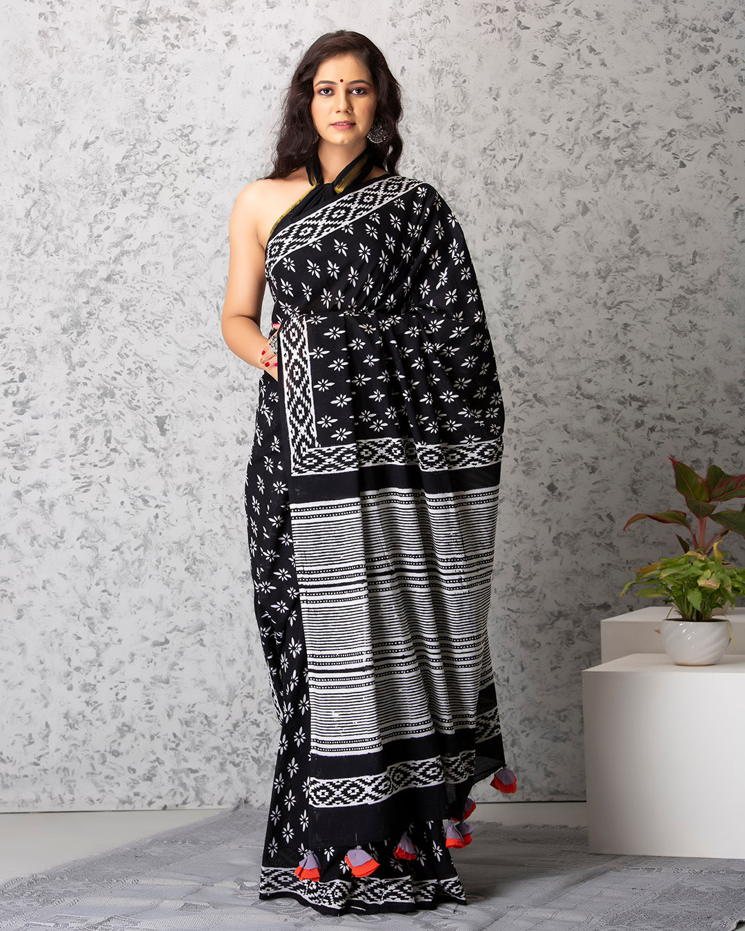 White Floral Geometric Handblock Print Black Mulmul Saree
