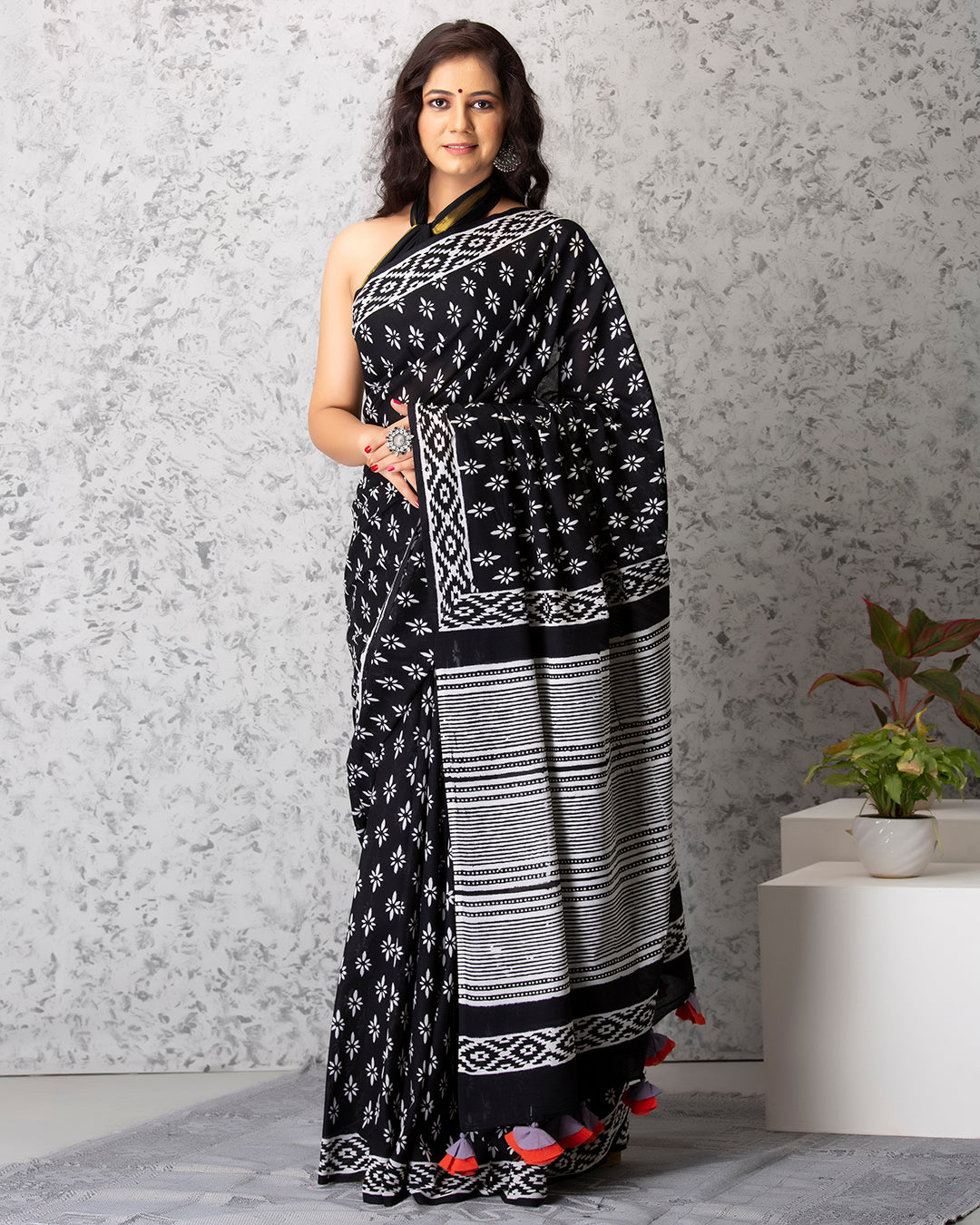 White Floral Geometric Handblock Print Black Mulmul Saree