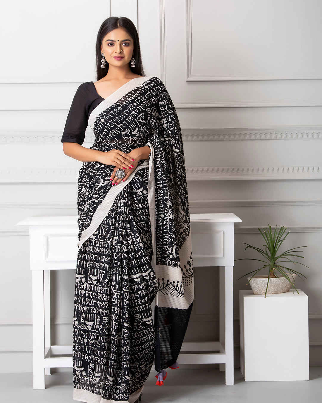 White Abstract Handblock Print Black Moonga Cotton Saree