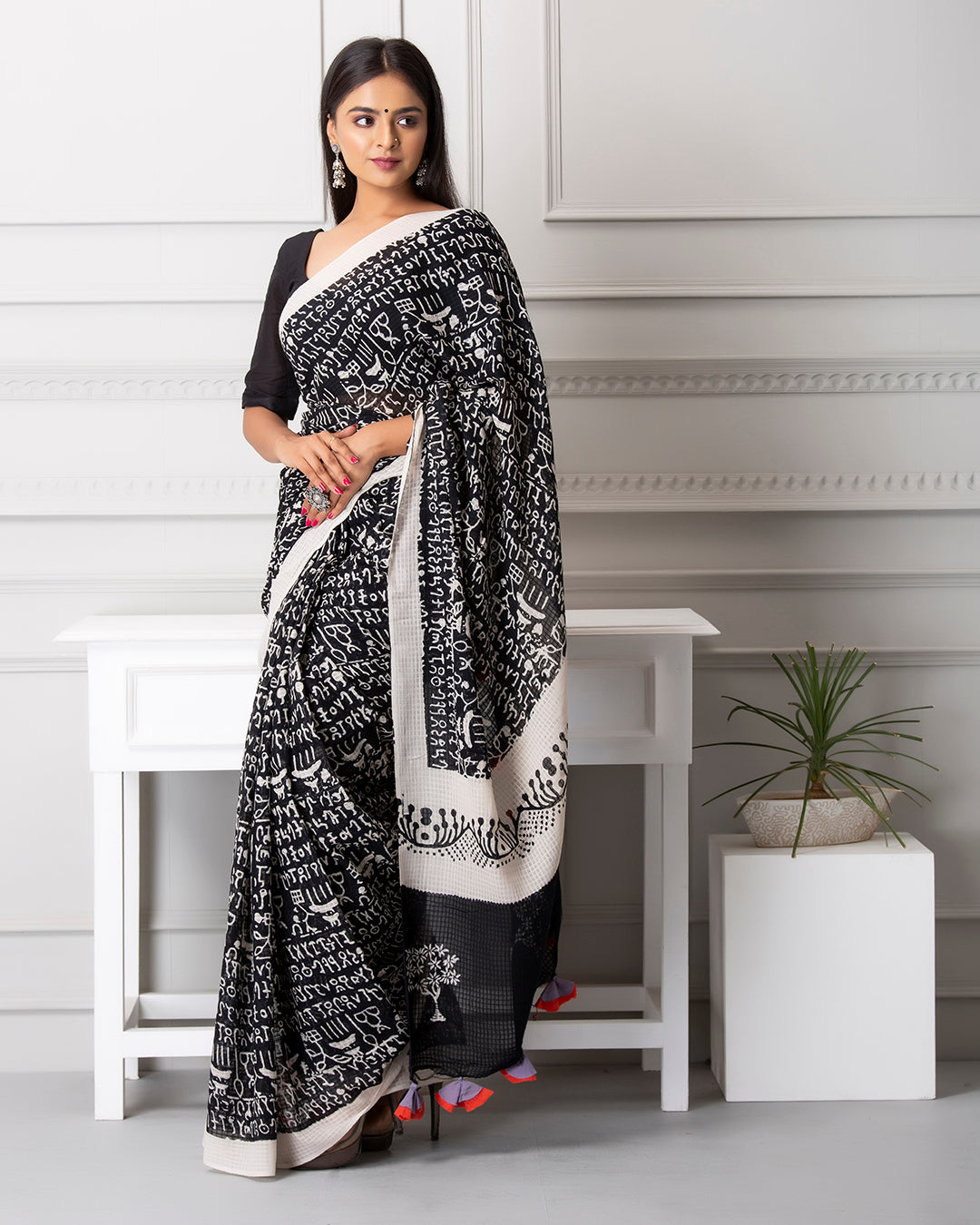 White Abstract Handblock Print Black Moonga Cotton Saree