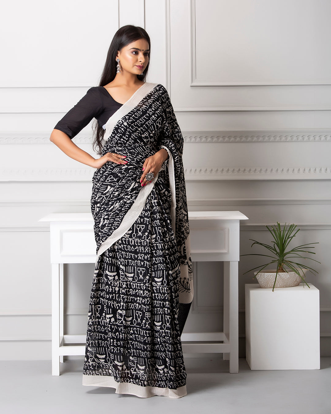 White Abstract Handblock Print Black Moonga Cotton Saree