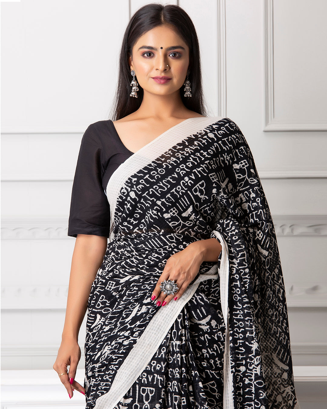 White Abstract Handblock Print Black Moonga Cotton Saree