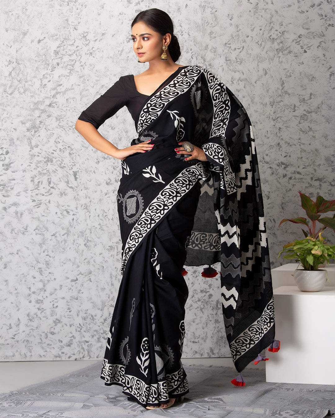 Folk Motifs Handblock Print Black Mulmul Saree