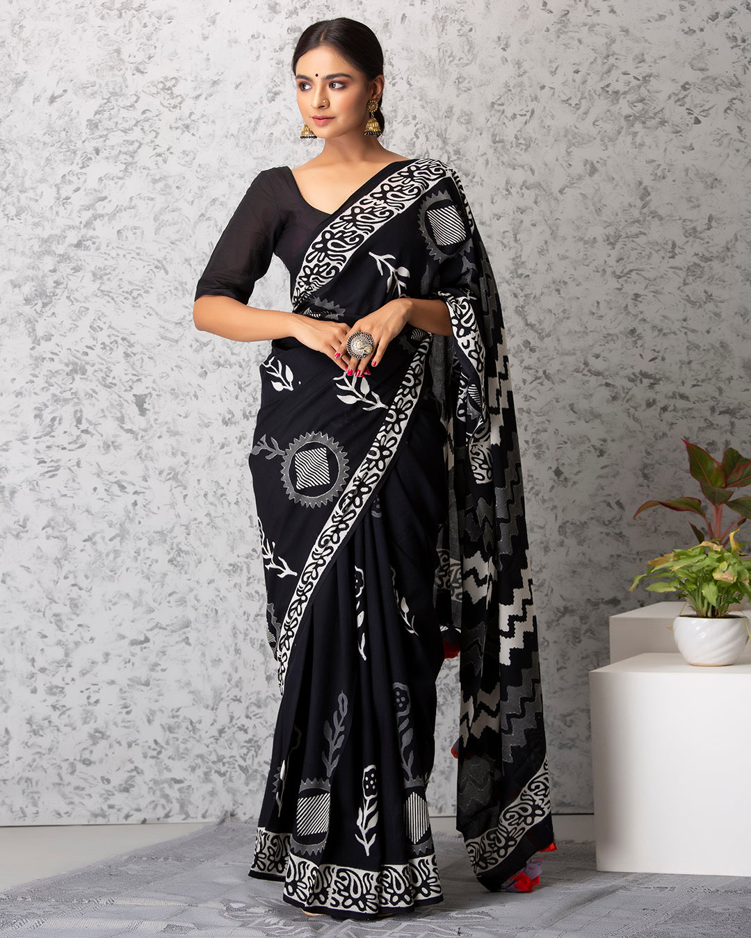 Folk Motifs Handblock Print Black Mulmul Saree