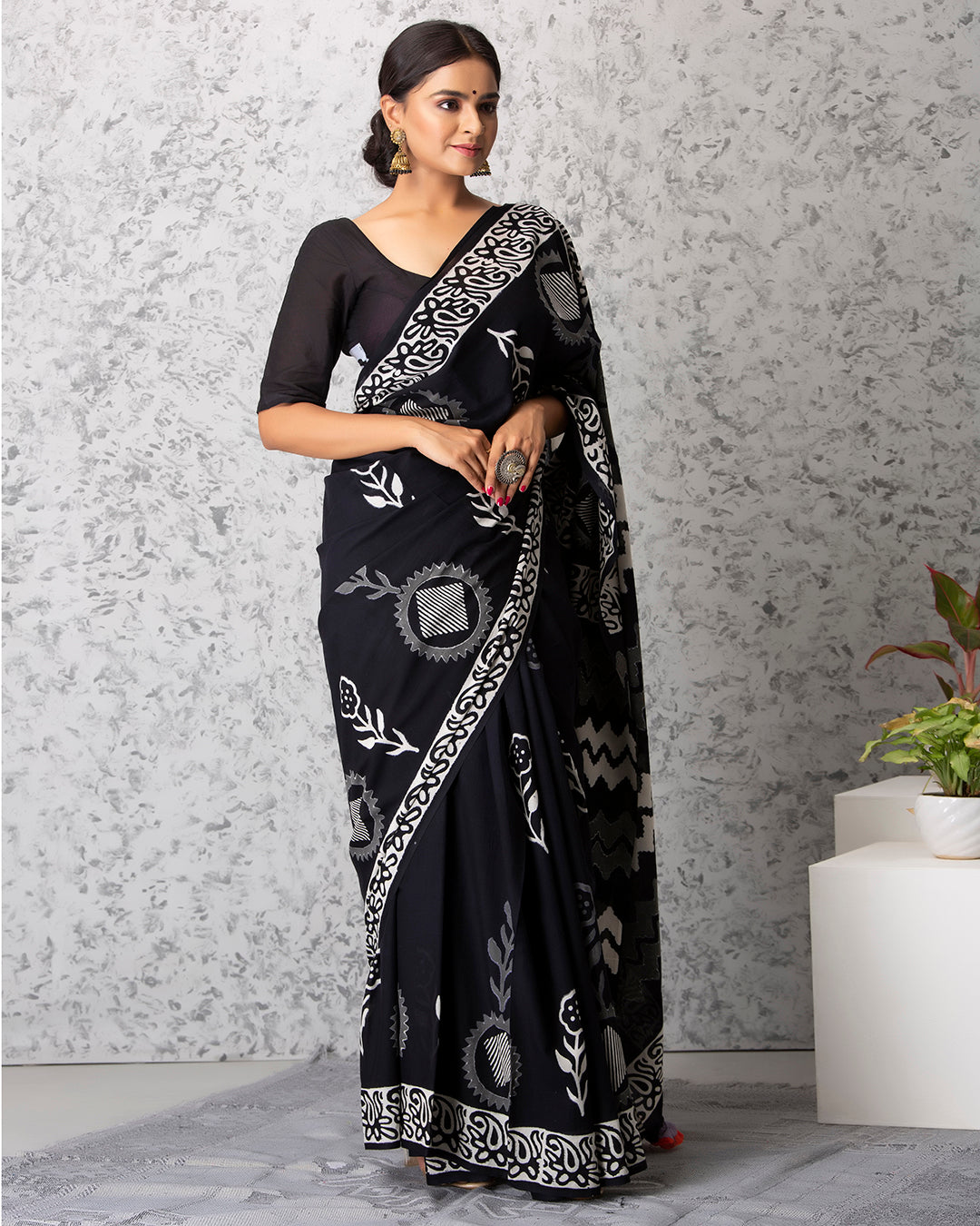 Folk Motifs Handblock Print Black Mulmul Saree