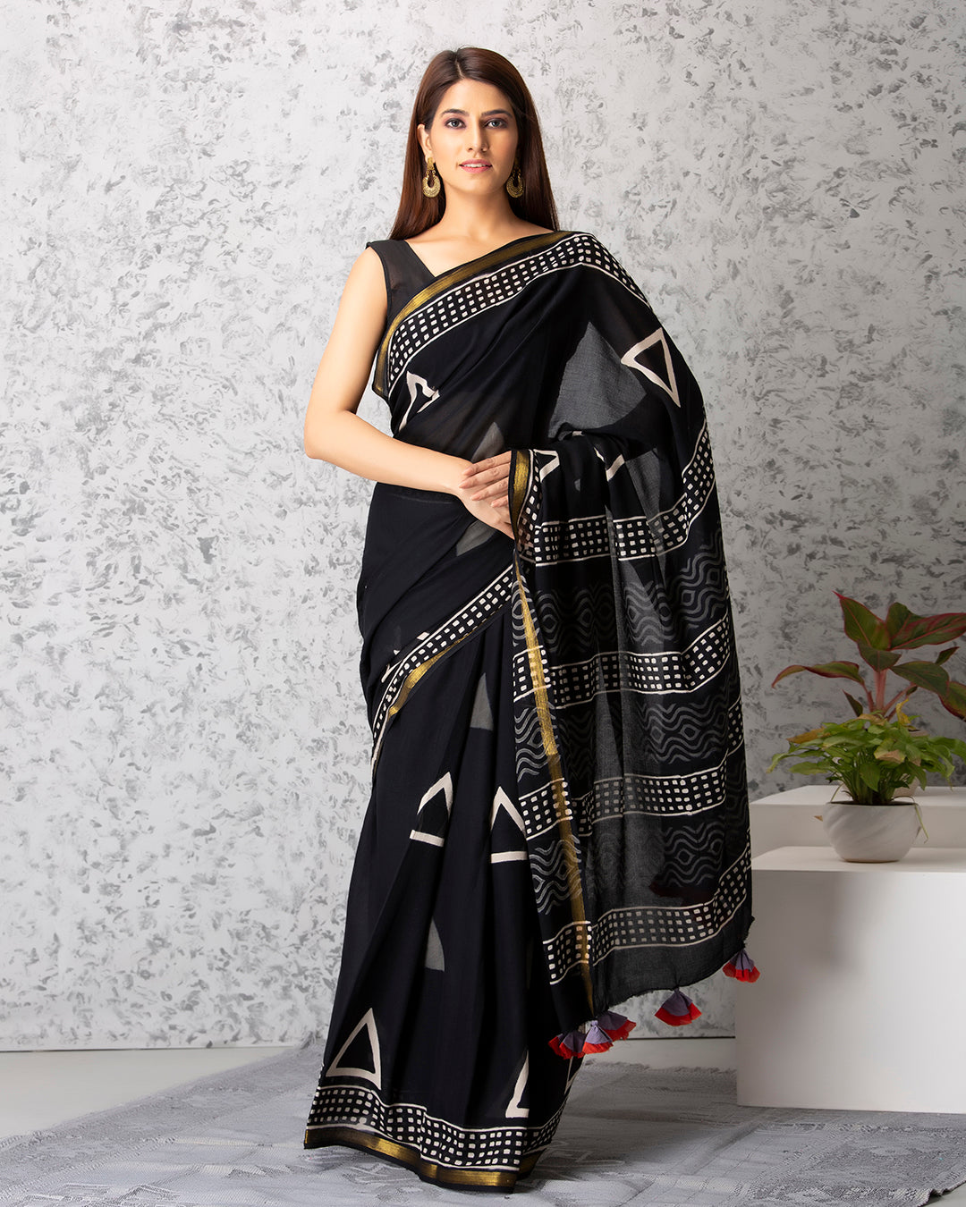 Triangle Motifs Handblock Print Black Mulmul Saree