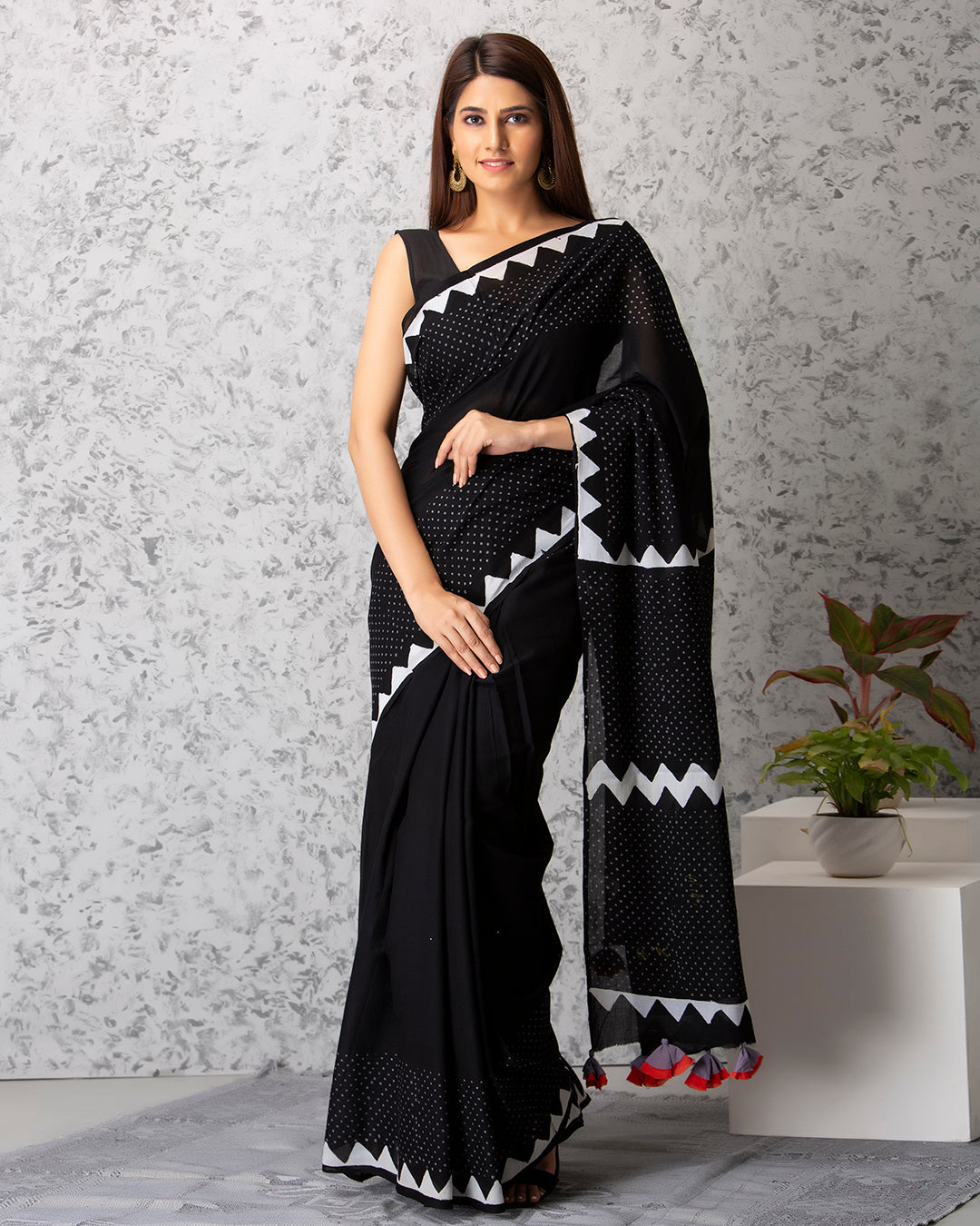 White Polka Dots Handblock Print Black Mulmul Saree