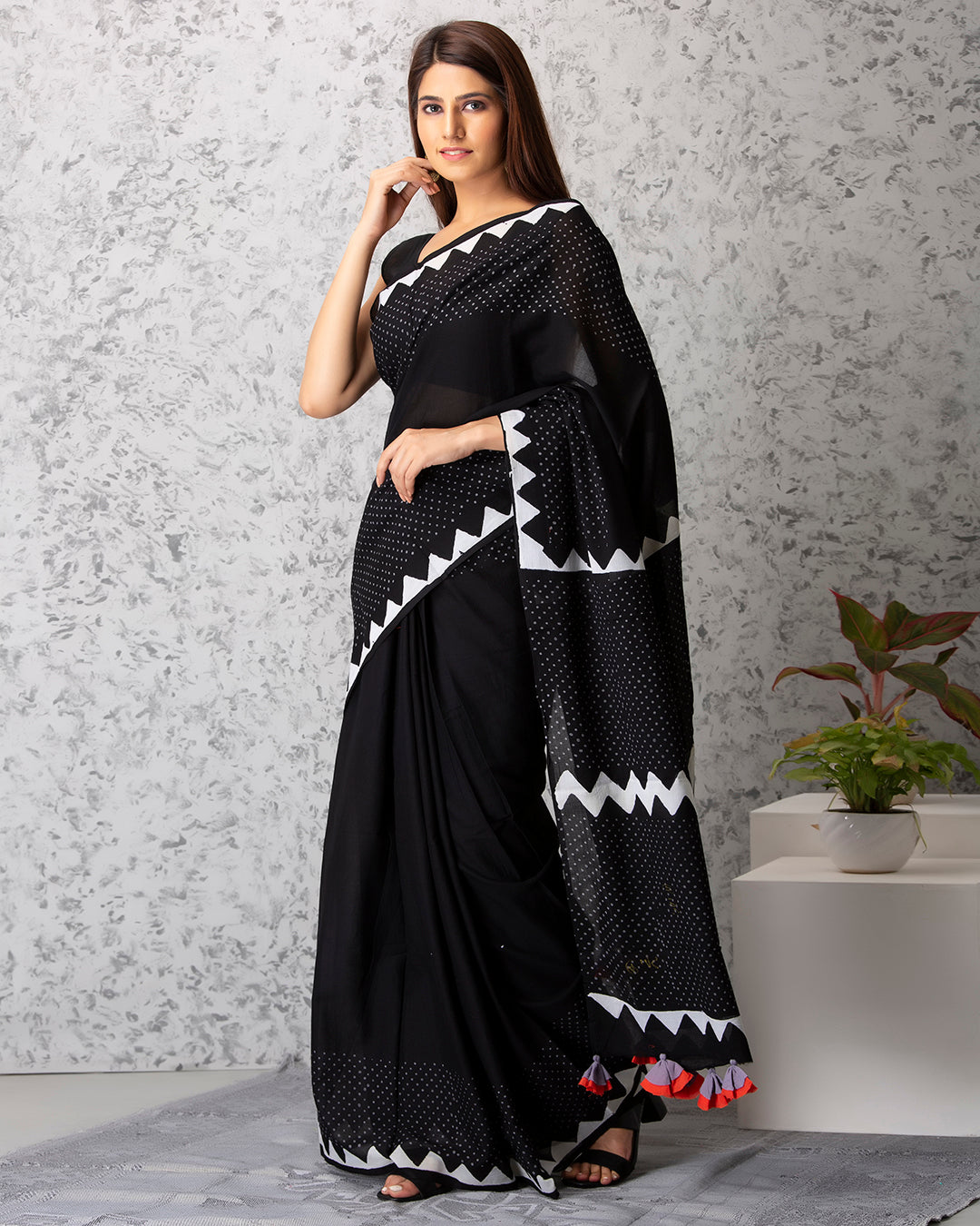 White Polka Dots Handblock Print Black Mulmul Saree