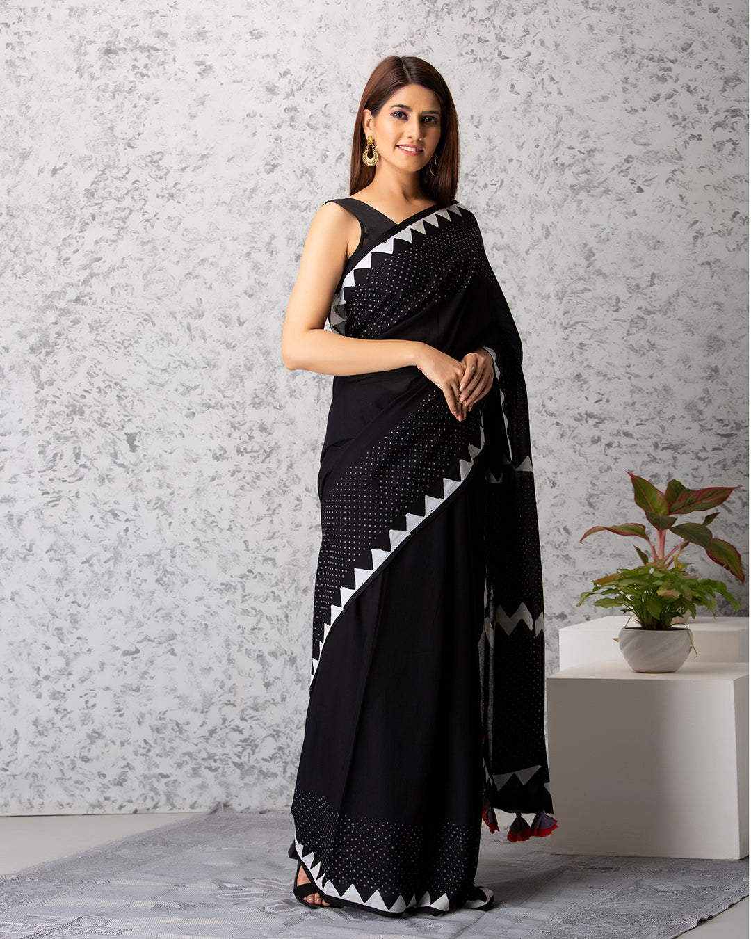 White Polka Dots Handblock Print Black Mulmul Saree