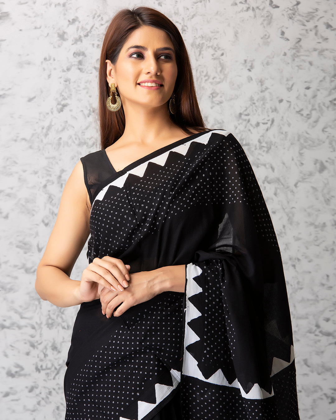White Polka Dots Handblock Print Black Mulmul Saree