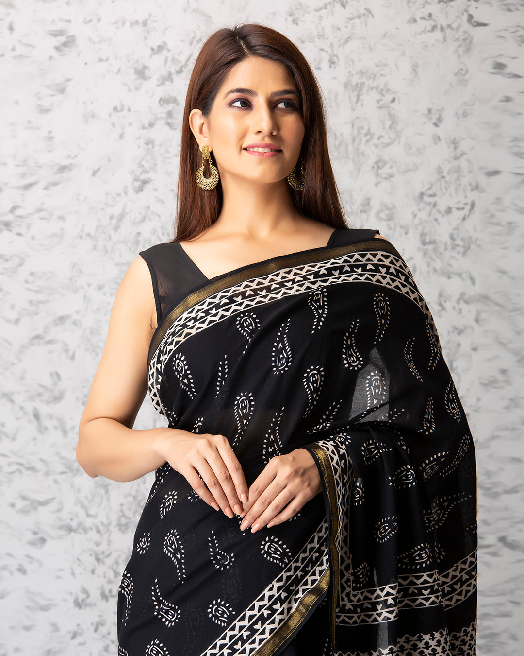 Paisley Motif Handblock Print Black Mulmul Saree