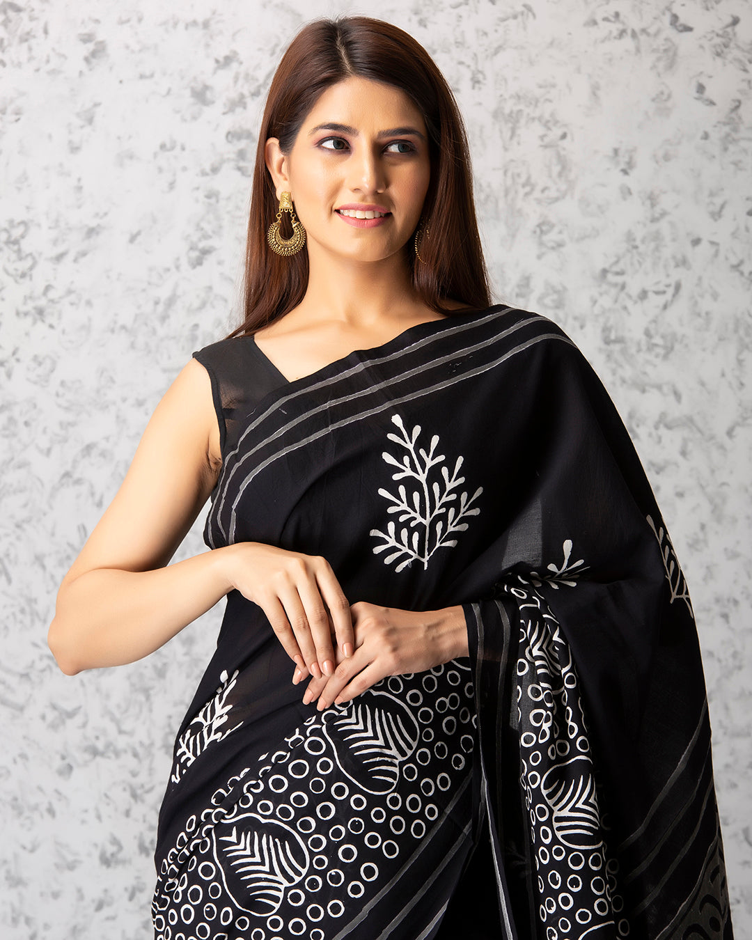 Leafy Handblock Print Black Mulmul Saree