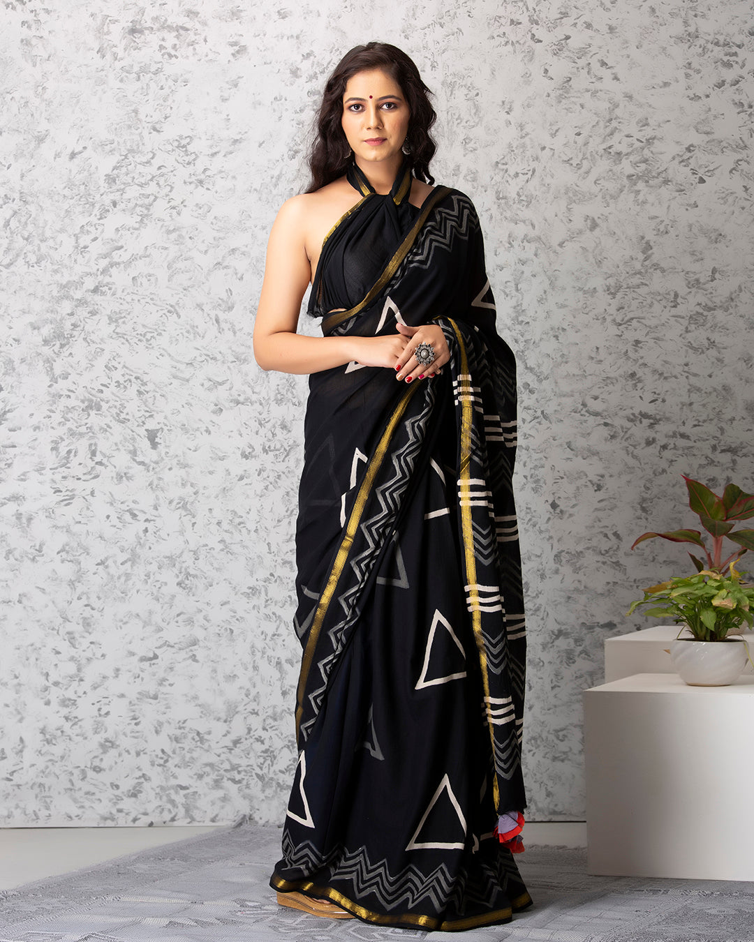 White Geometric Handblock Print Black Mulmul Saree