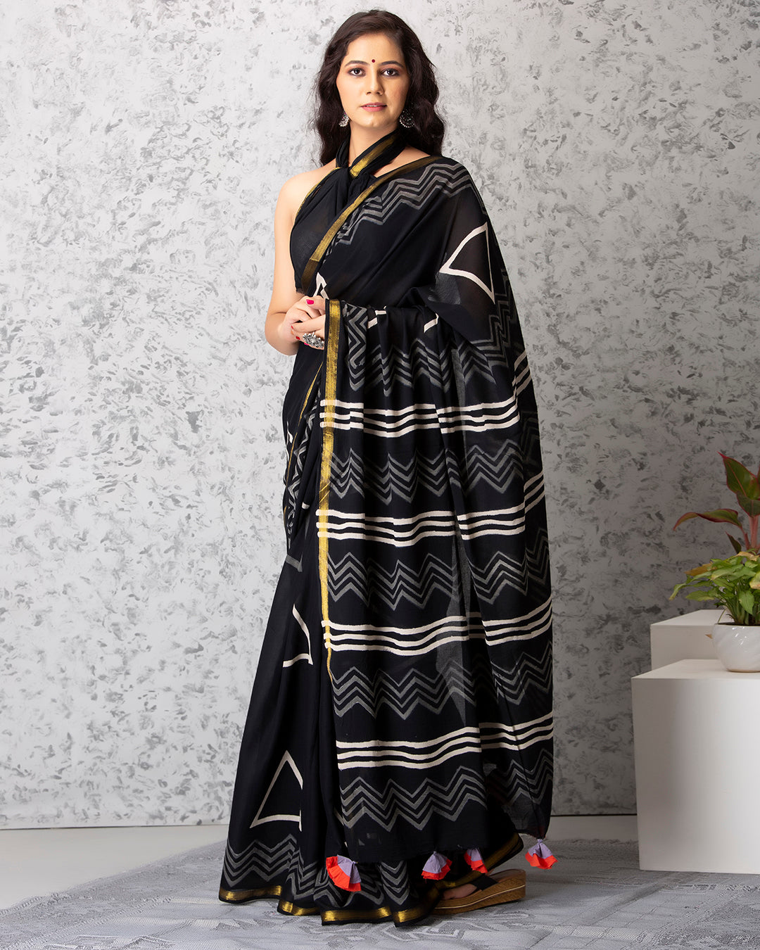 White Geometric Handblock Print Black Mulmul Saree