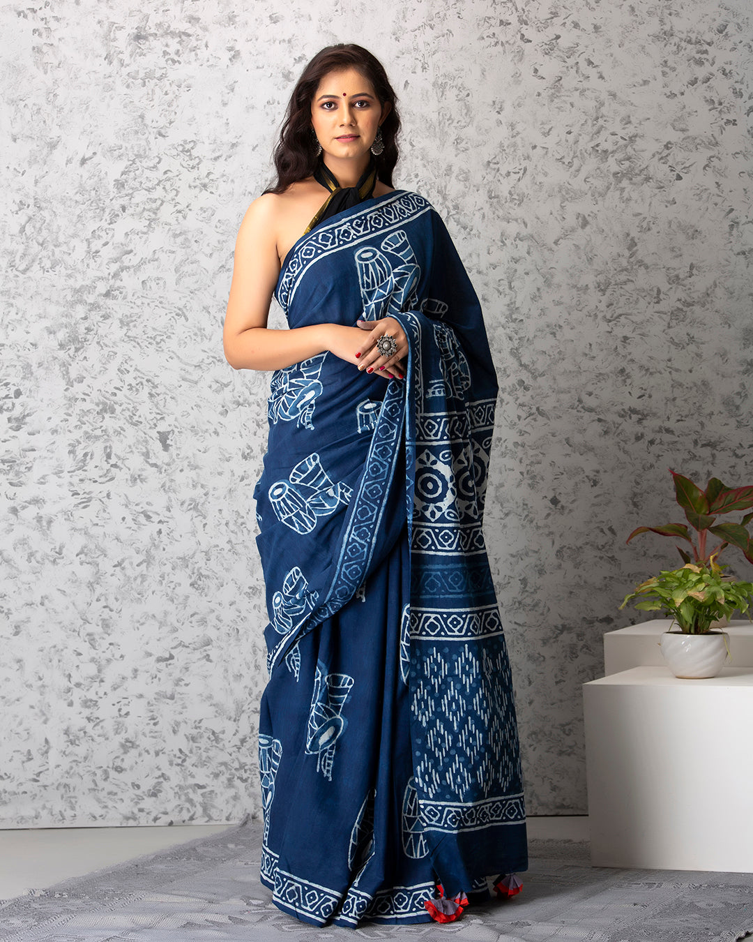 Dhol Handblock Print Indigo Mulmul Saree
