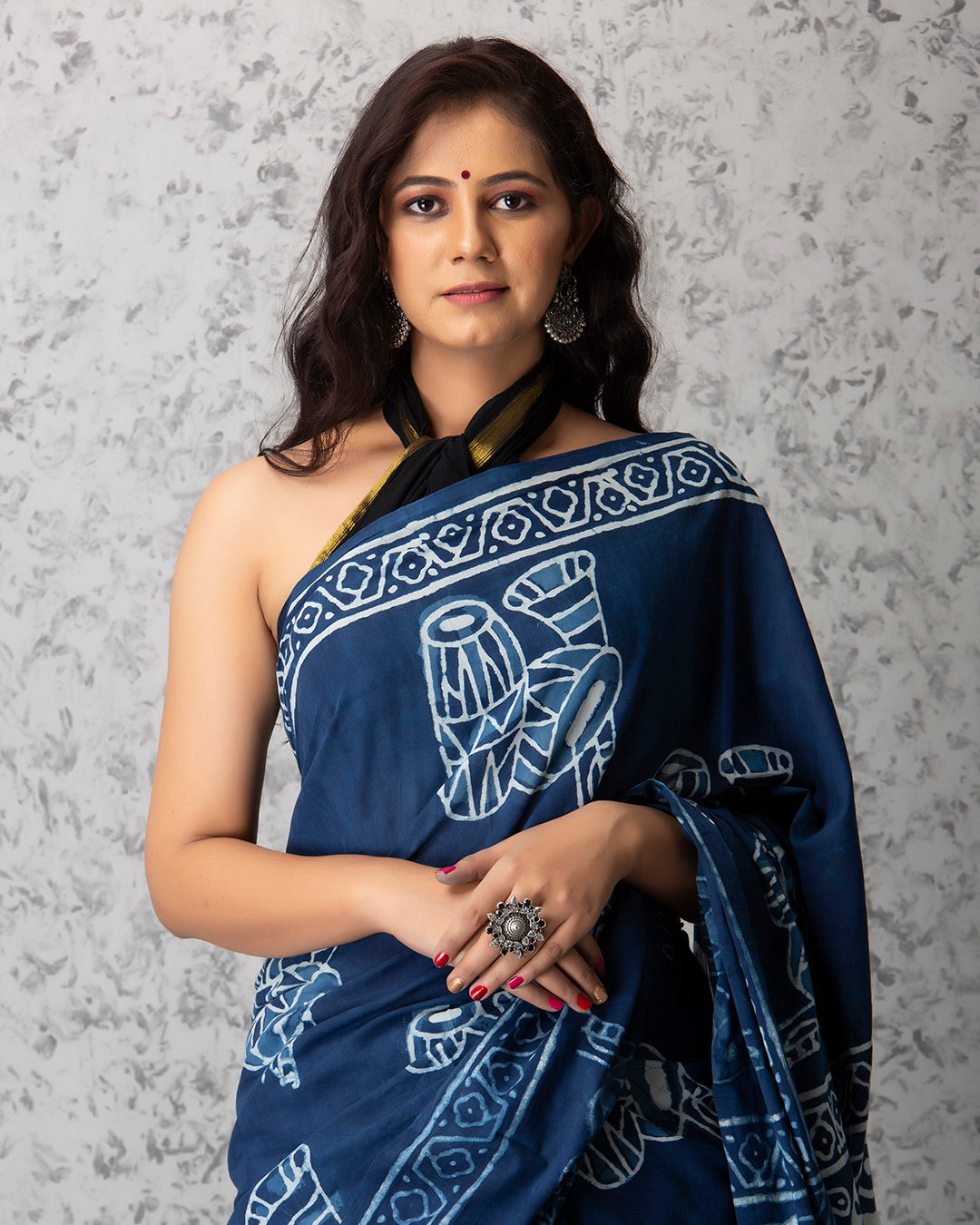 Dhol Handblock Print Indigo Mulmul Saree