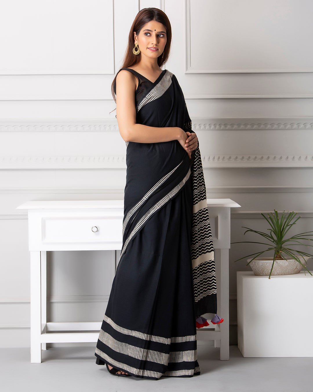 Linear Handblock Print Black Mulmul Saree