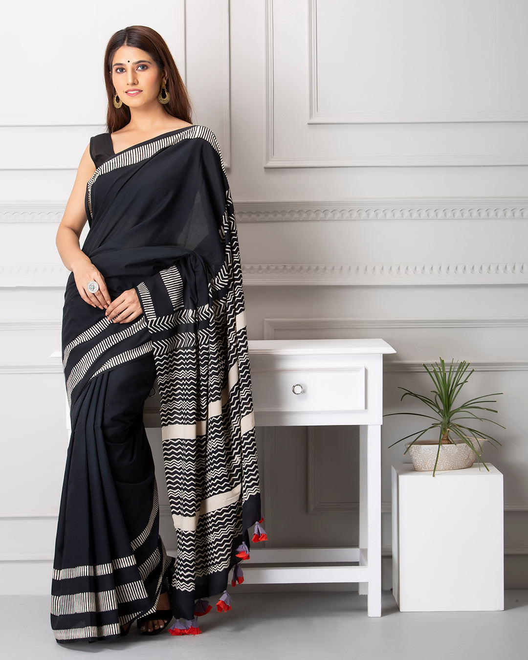 Linear Handblock Print Black Mulmul Saree