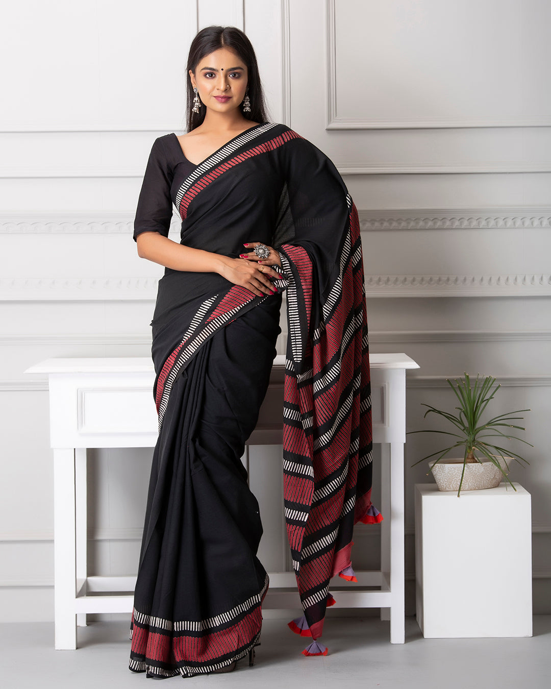 Red Linear Handblock Print Black Mulmul Saree