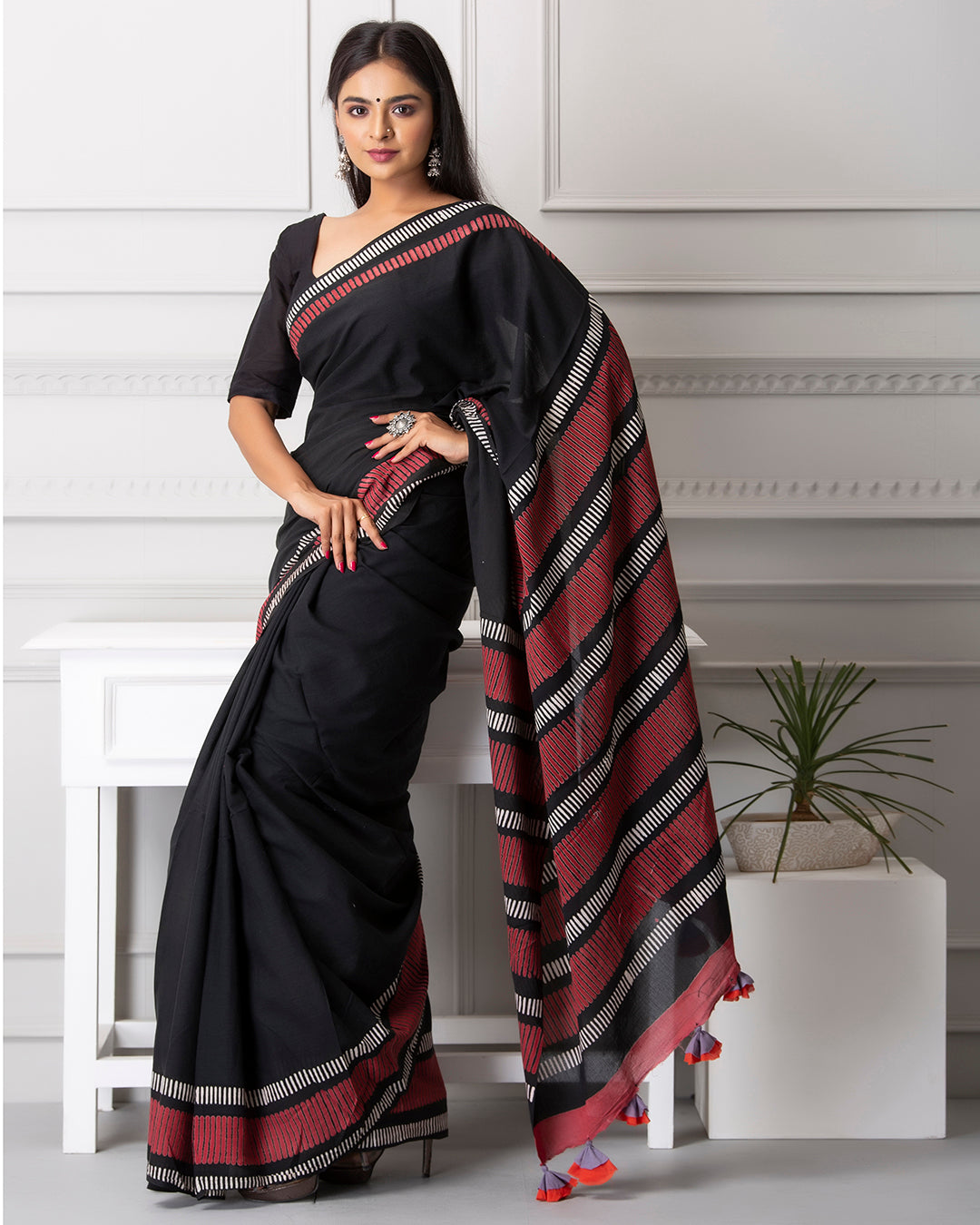 Red Linear Handblock Print Black Mulmul Saree