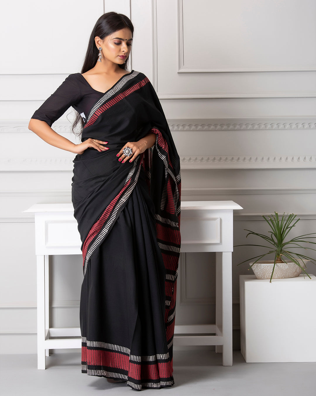 Red Linear Handblock Print Black Mulmul Saree