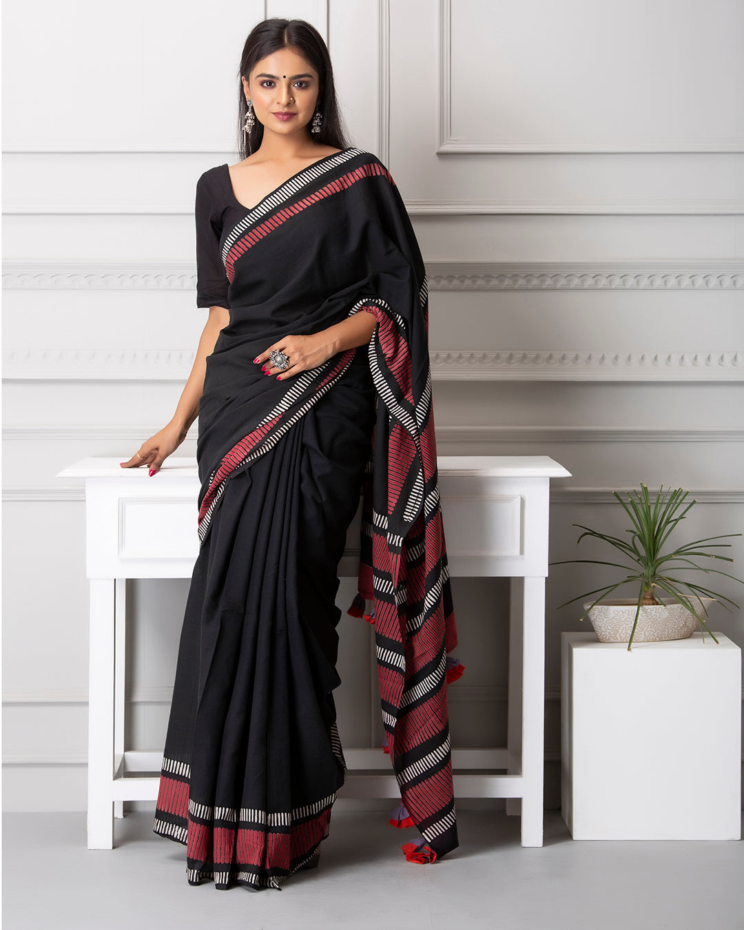 Red Linear Handblock Print Black Mulmul Saree
