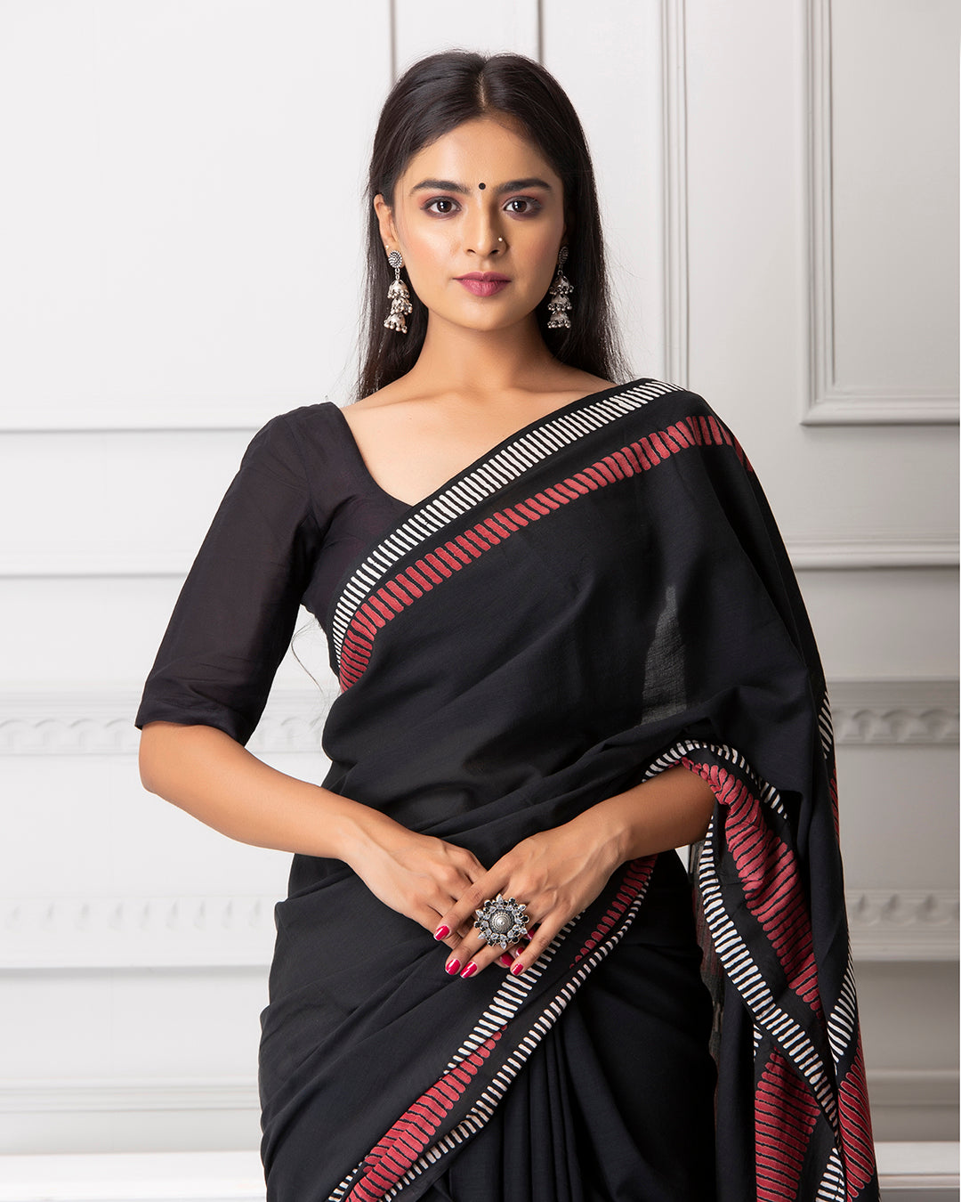 Red Linear Handblock Print Black Mulmul Saree