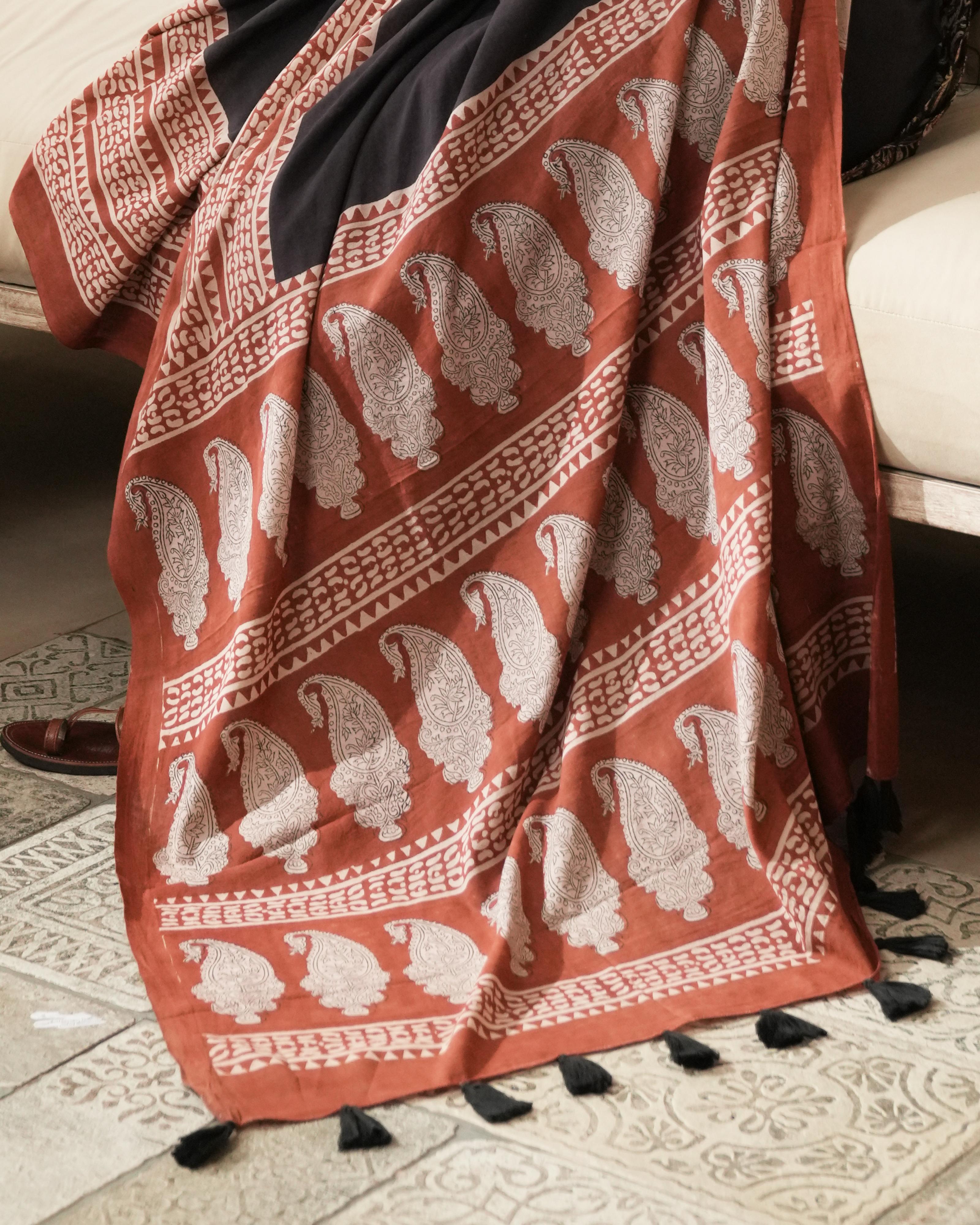 Black Border Bagru Print Mulmul Saree
