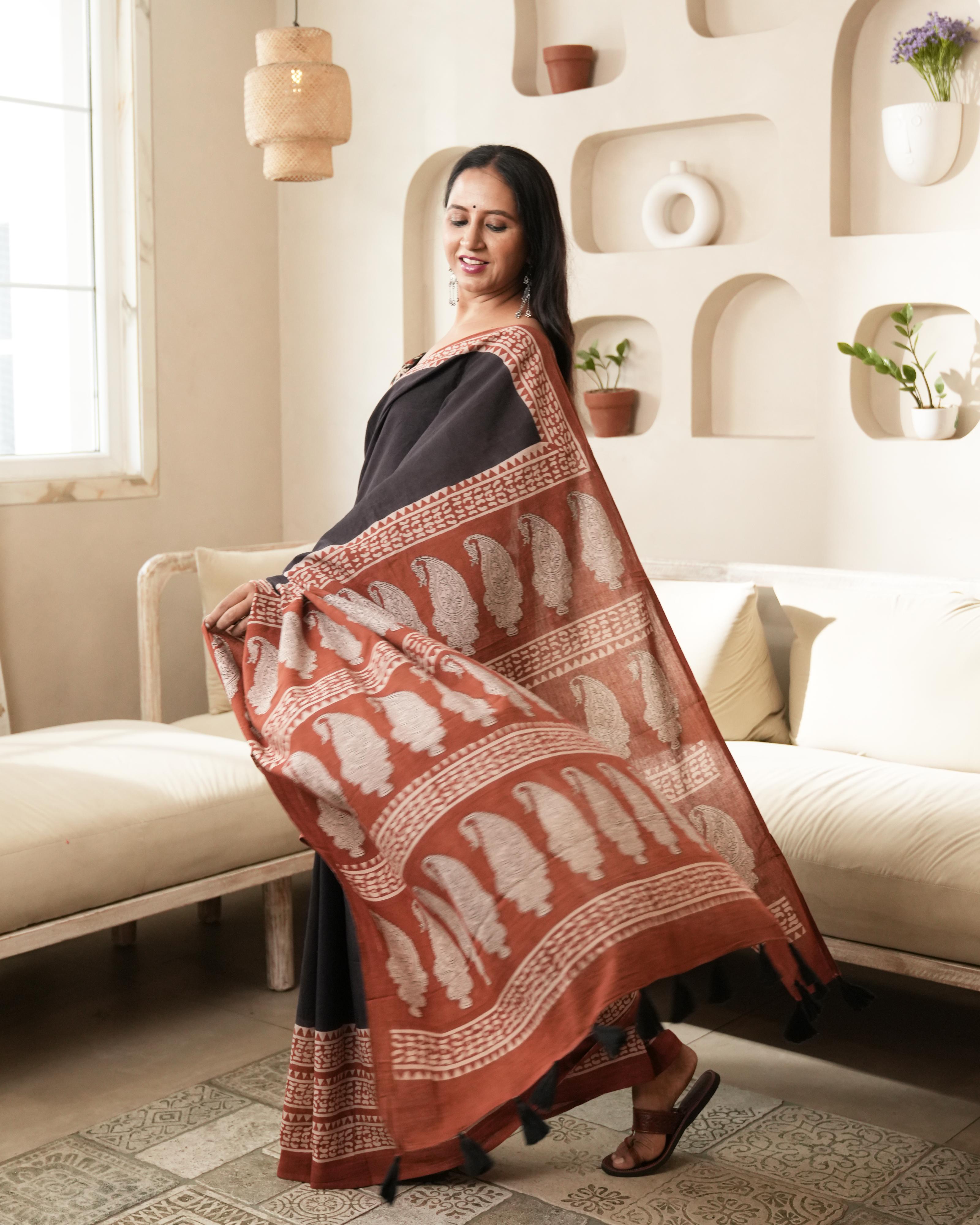 Black Border Bagru Print Mulmul Saree