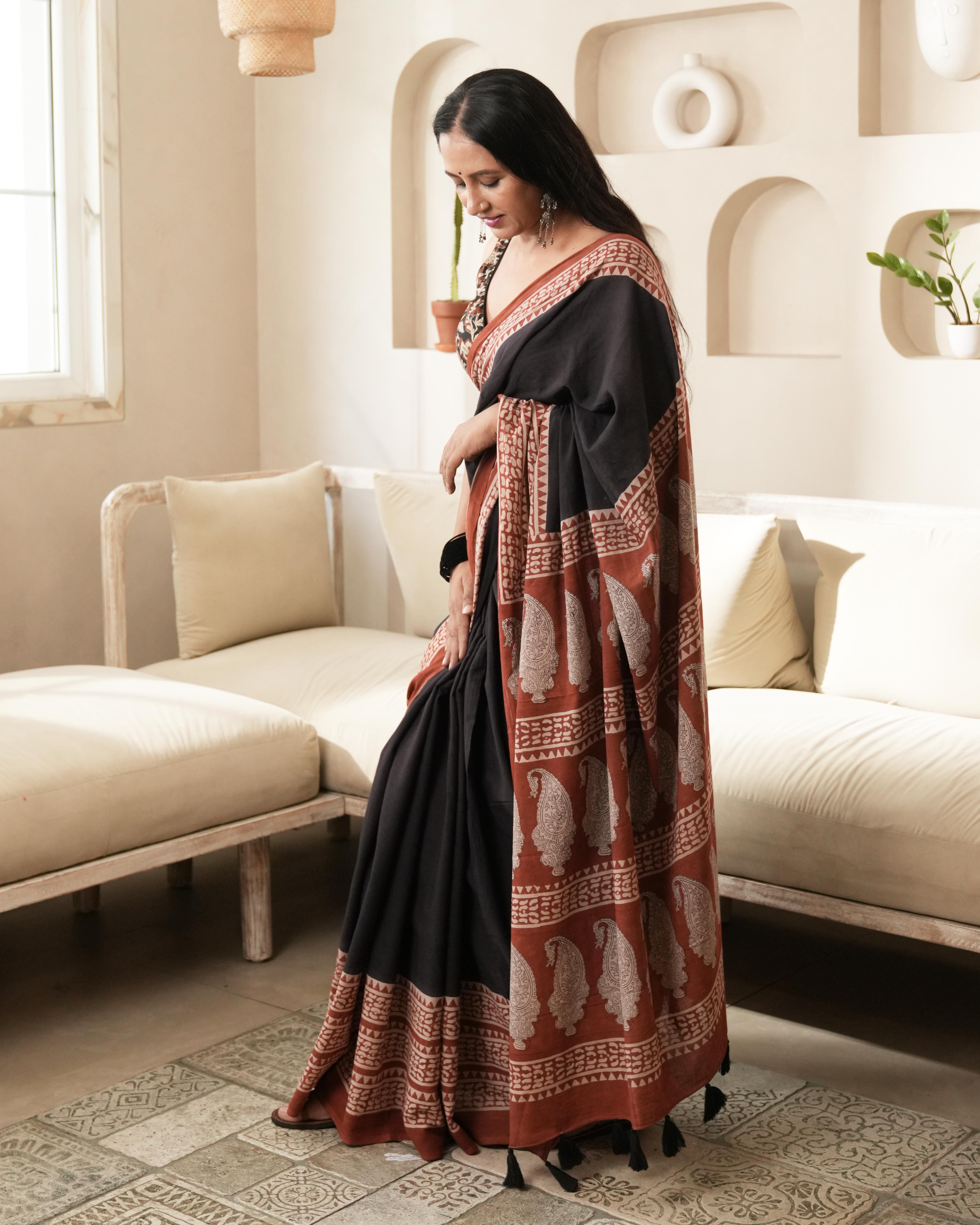 Black Border Bagru Print Mulmul Saree