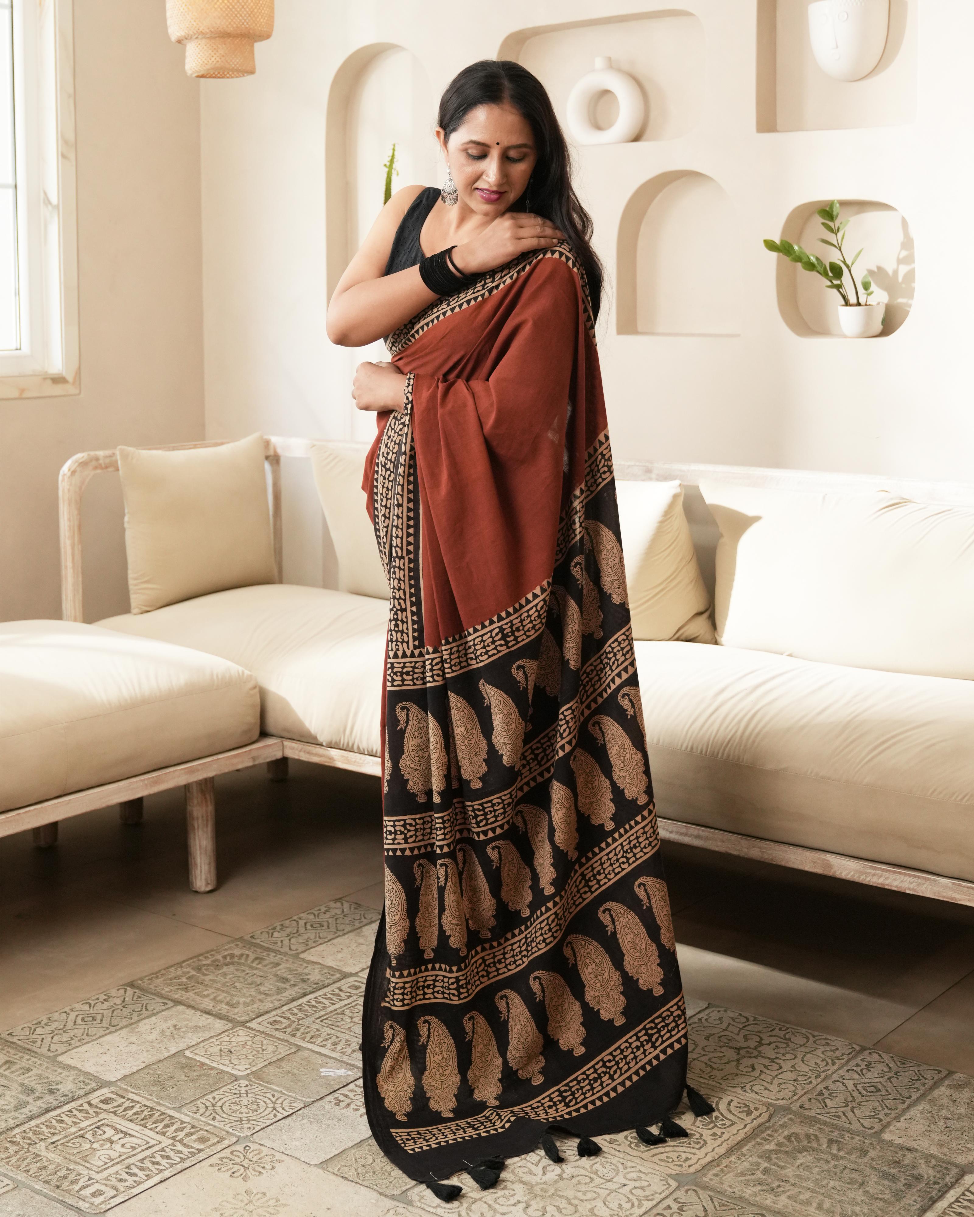 Red Paisley Border Bagru Print Mulmul Saree