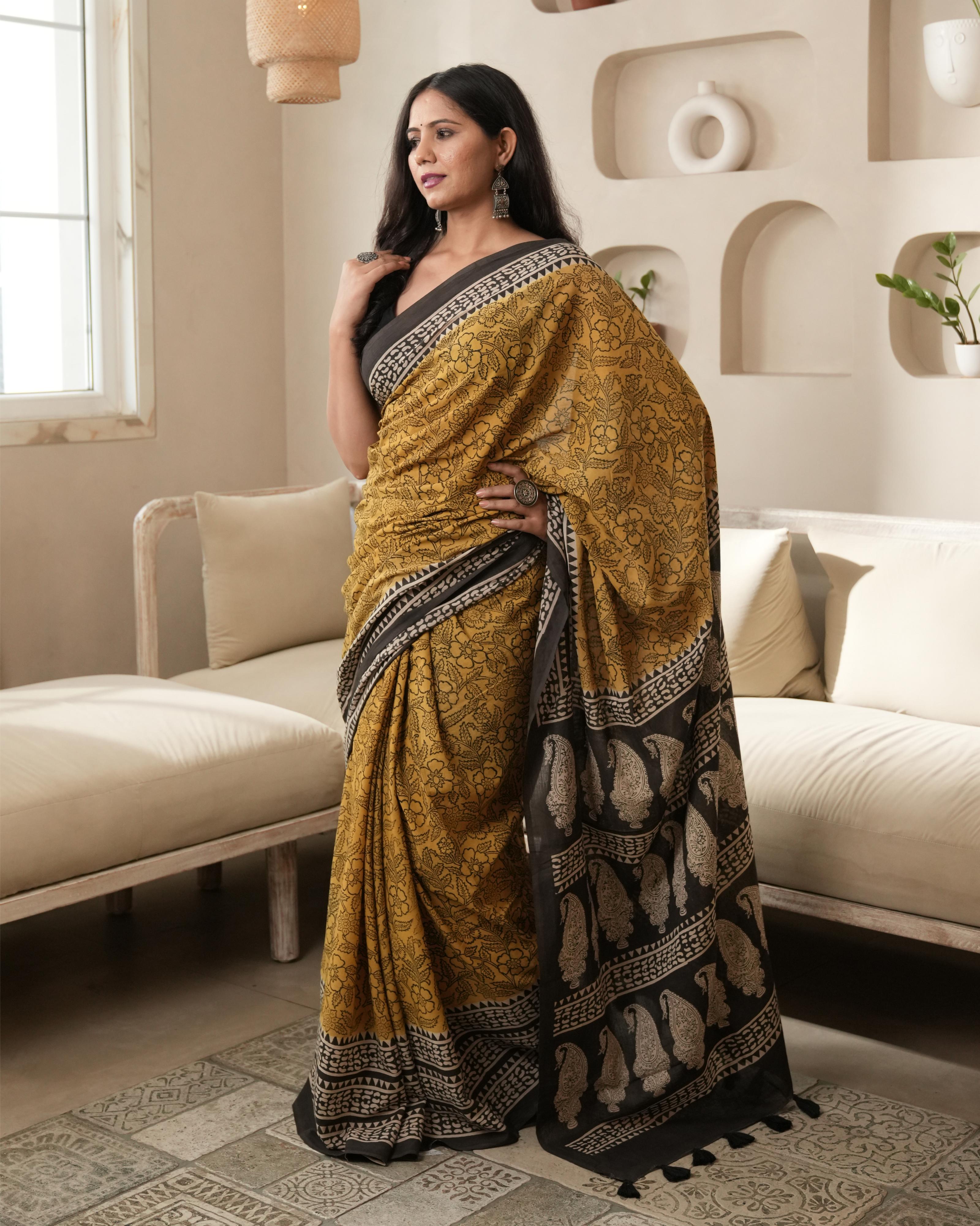 Mustard Bagru Paisley Print Mulmul Saree