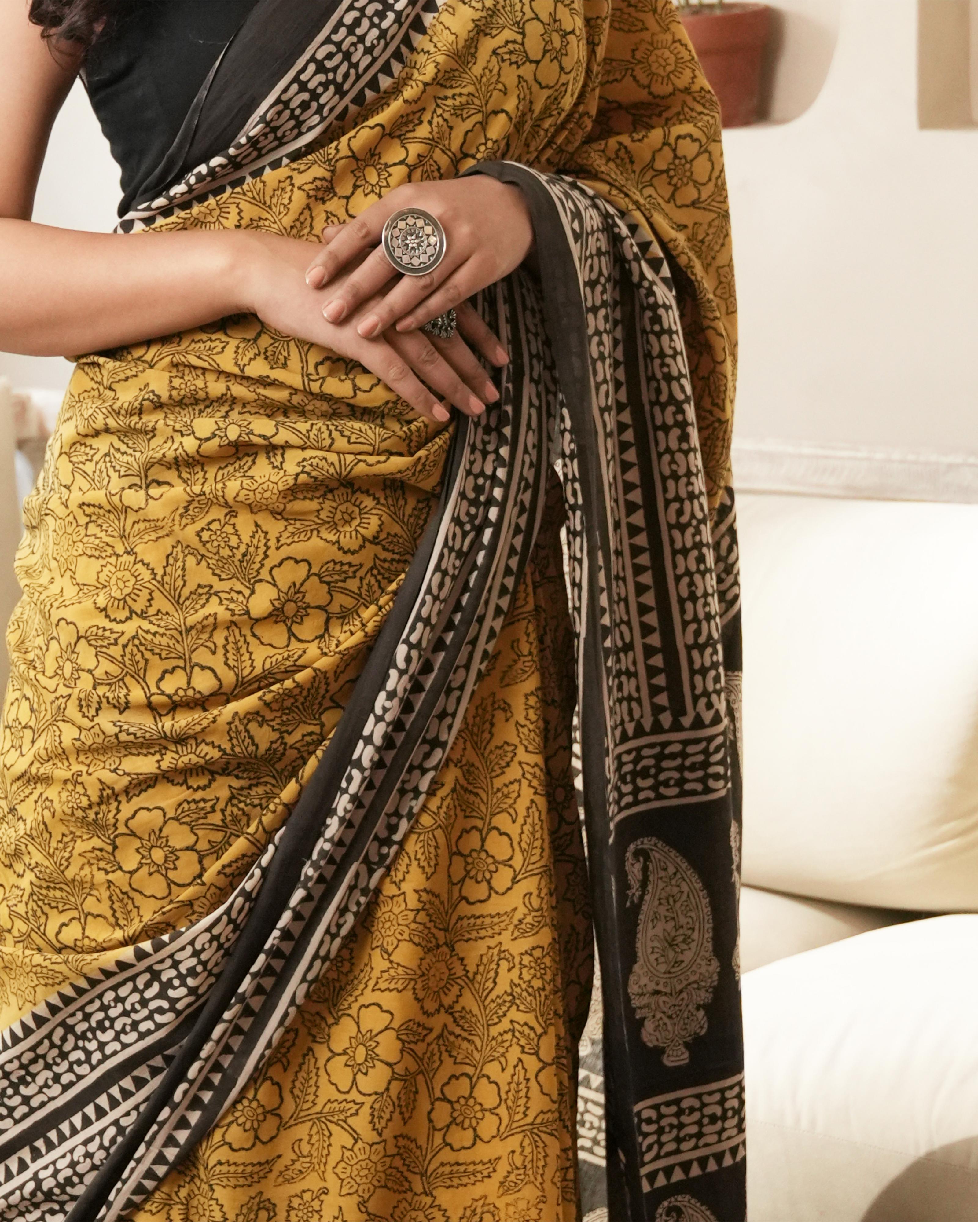 Mustard Bagru Paisley Print Mulmul Saree