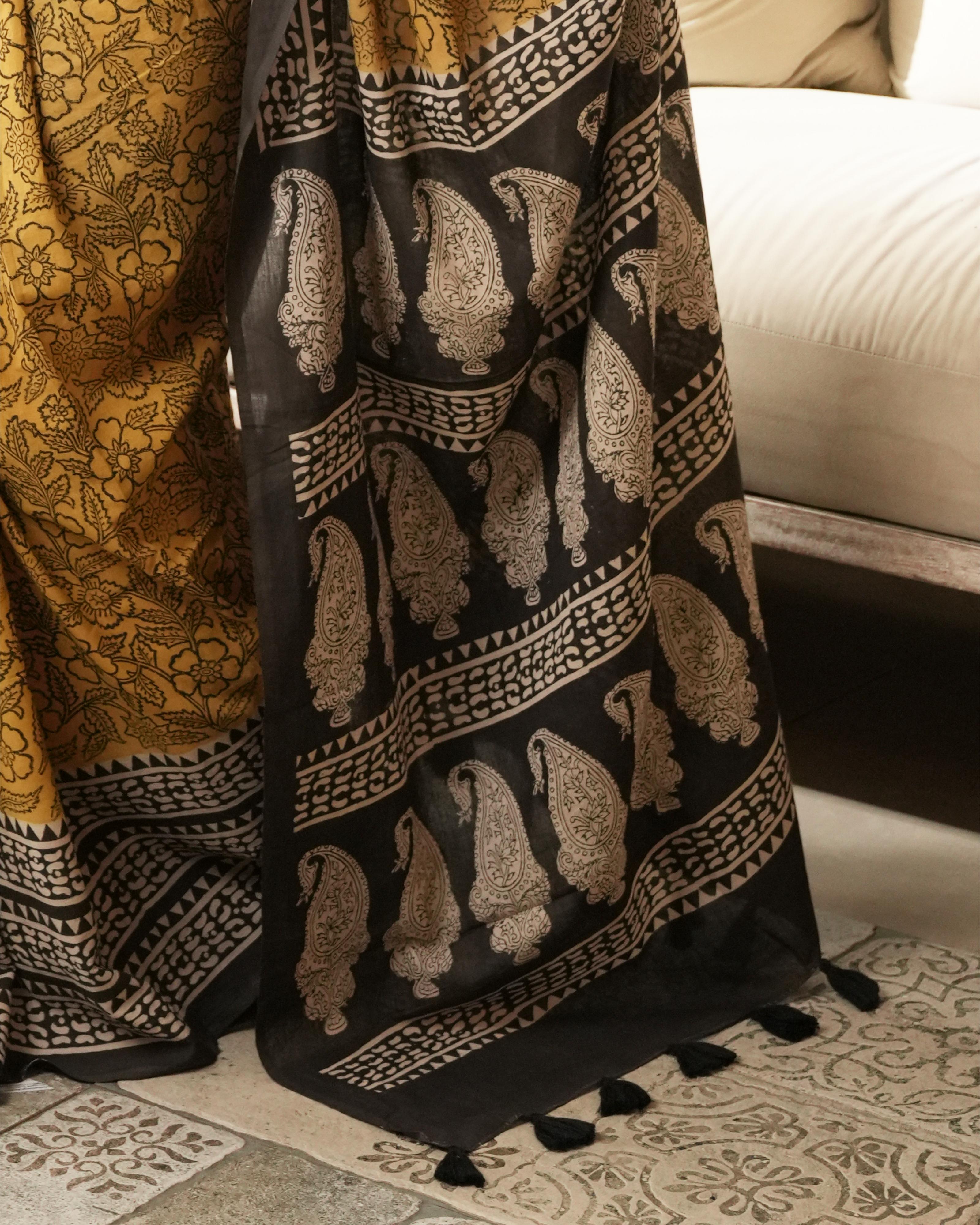 Mustard Bagru Paisley Print Mulmul Saree