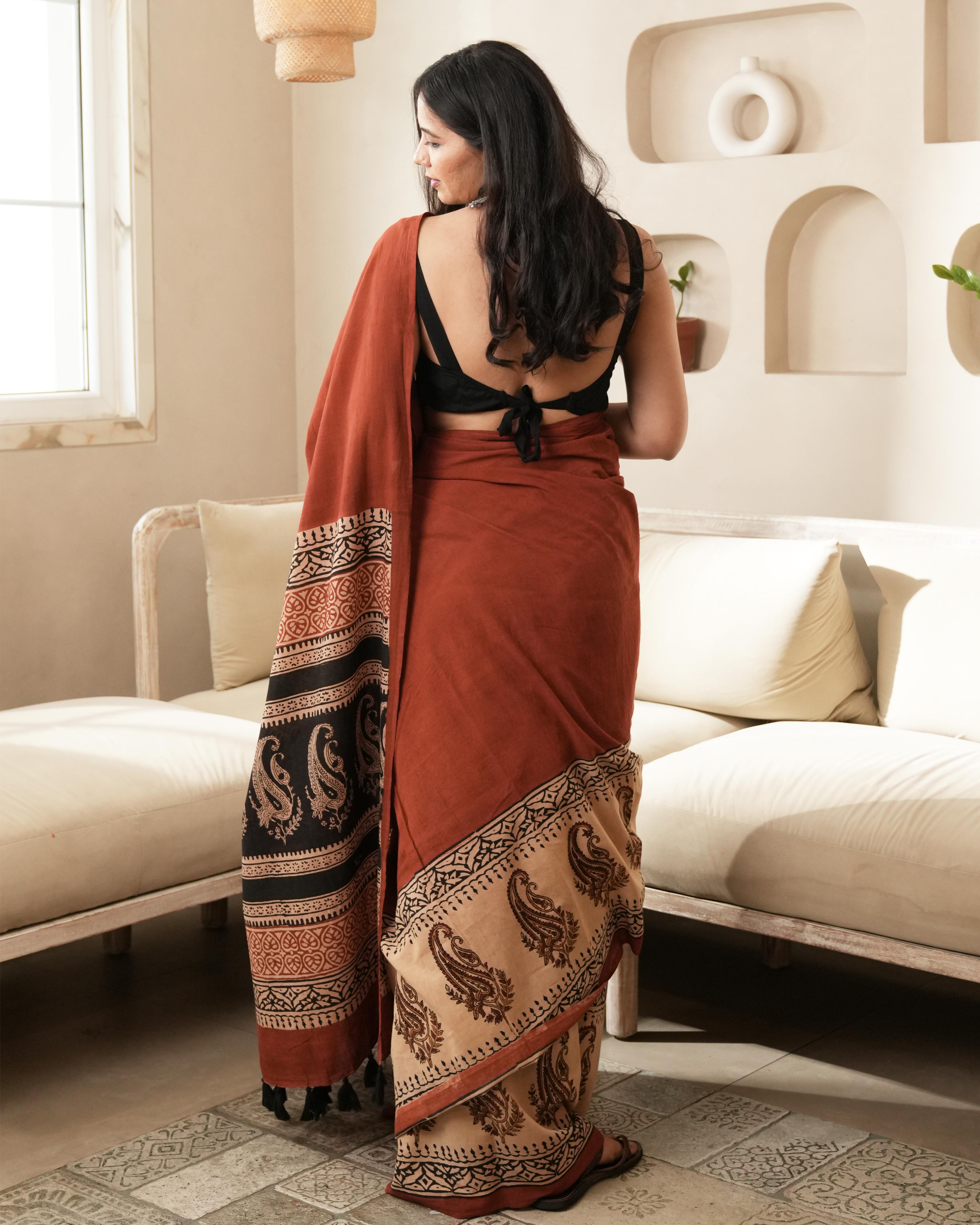 Red Bagru Paisley Print Mulmul Saree