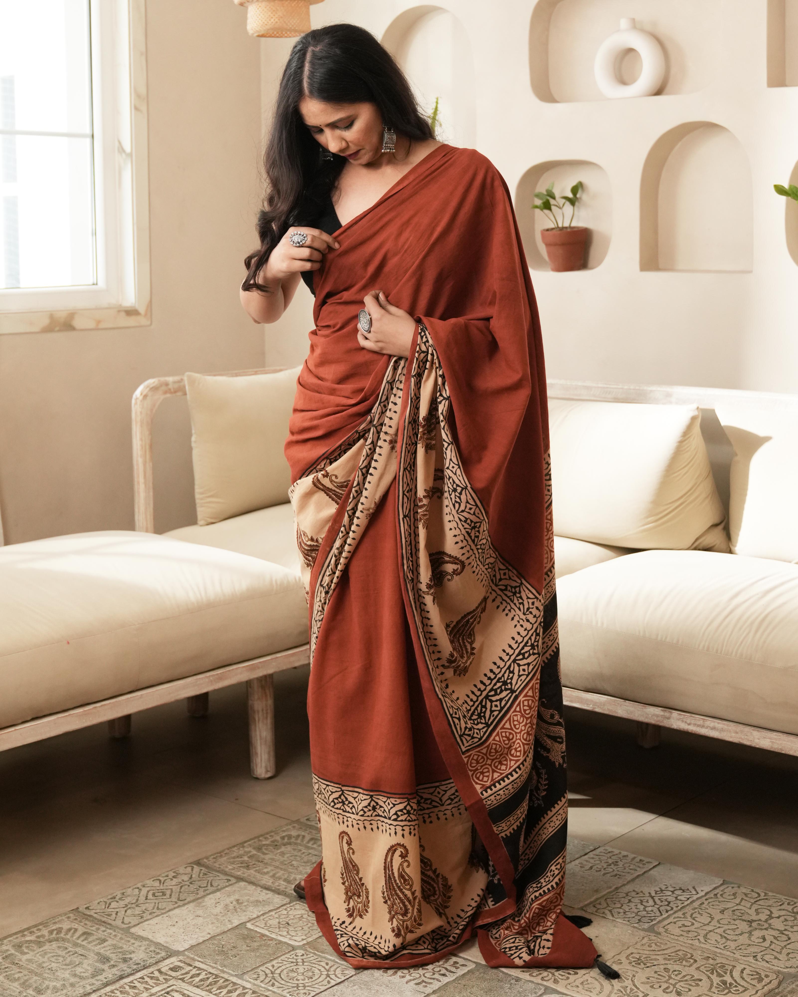Red Bagru Paisley Print Mulmul Saree