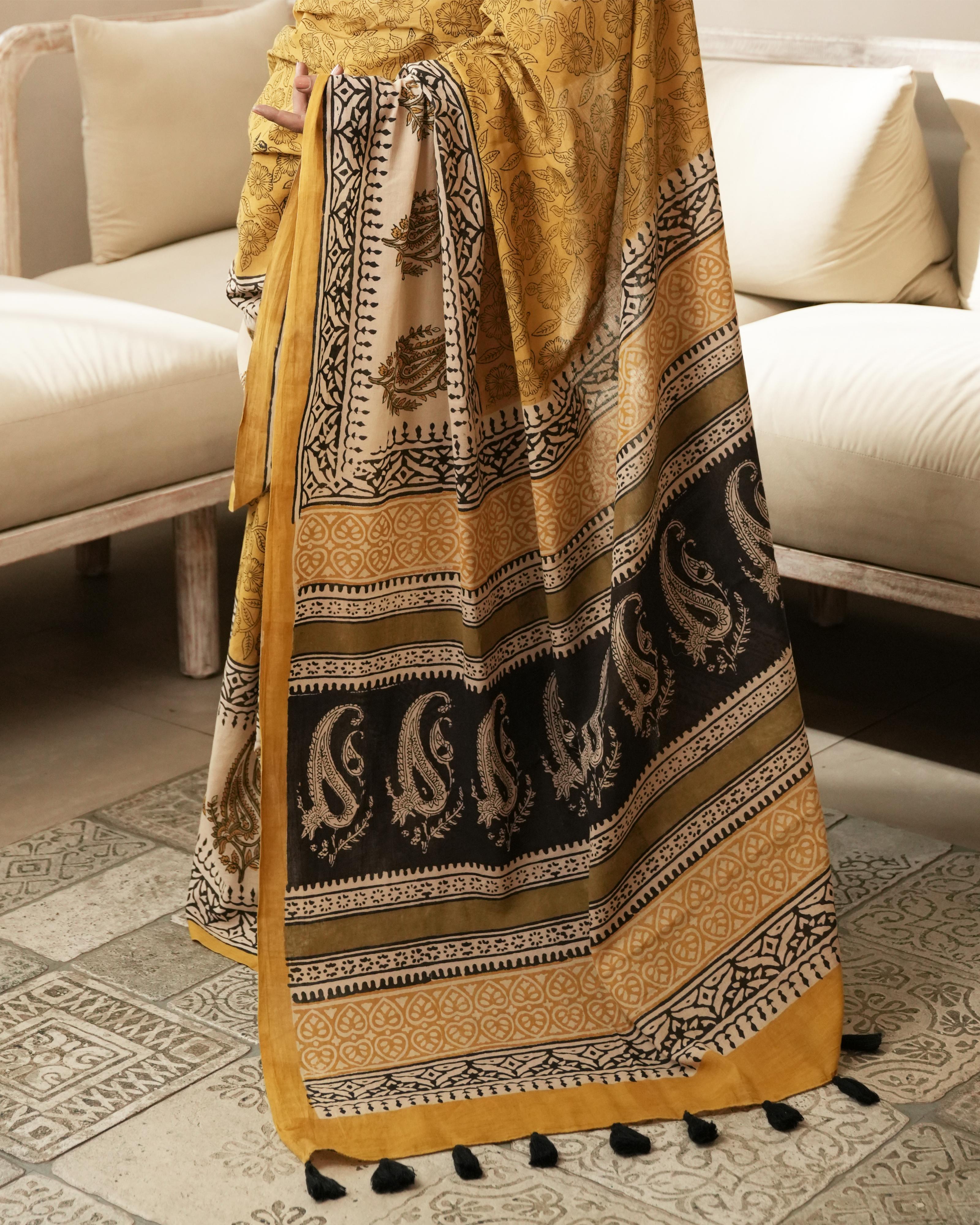 Mustard Paisley Border Bagru Print Mulmul Saree