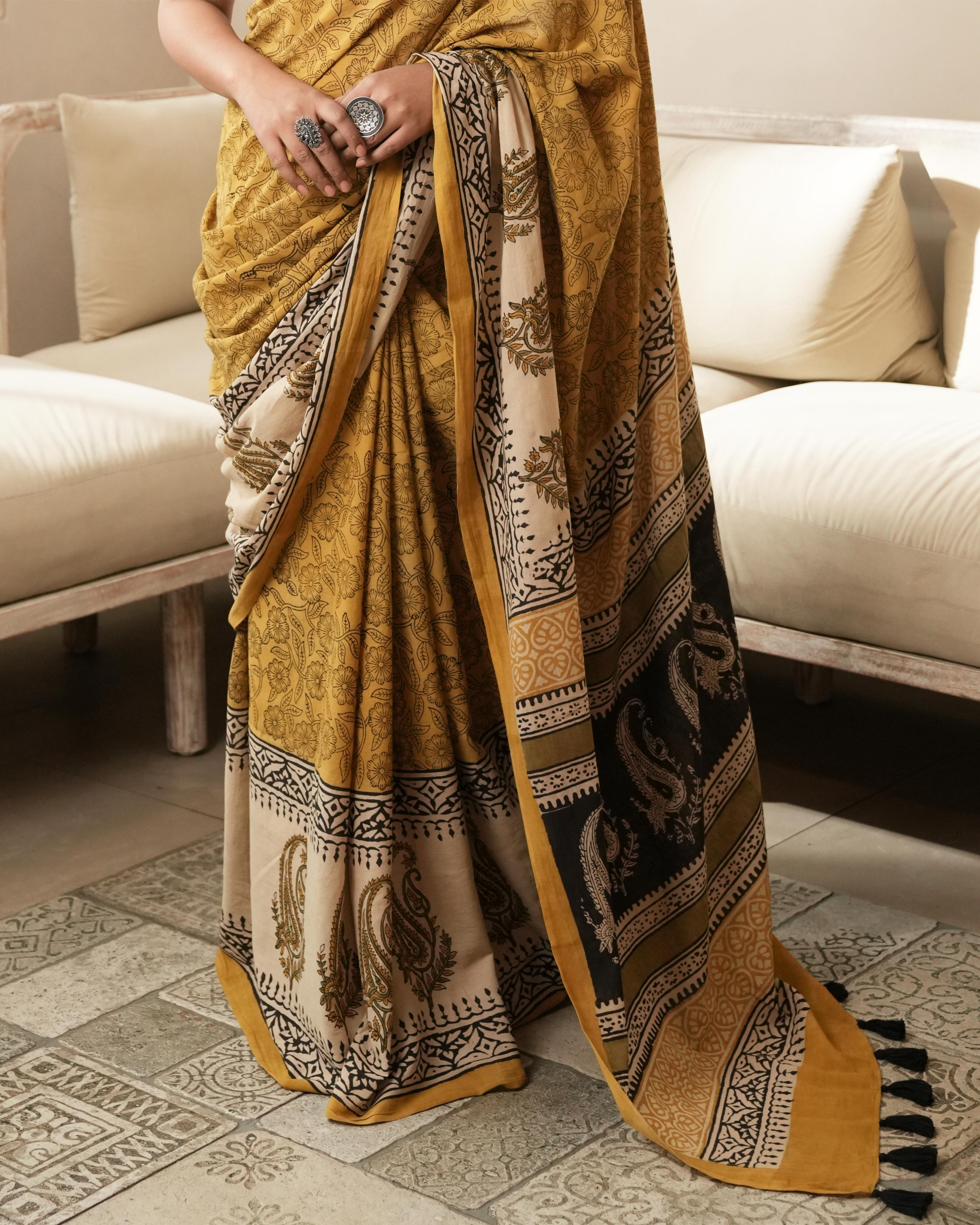 Mustard Paisley Border Bagru Print Mulmul Saree