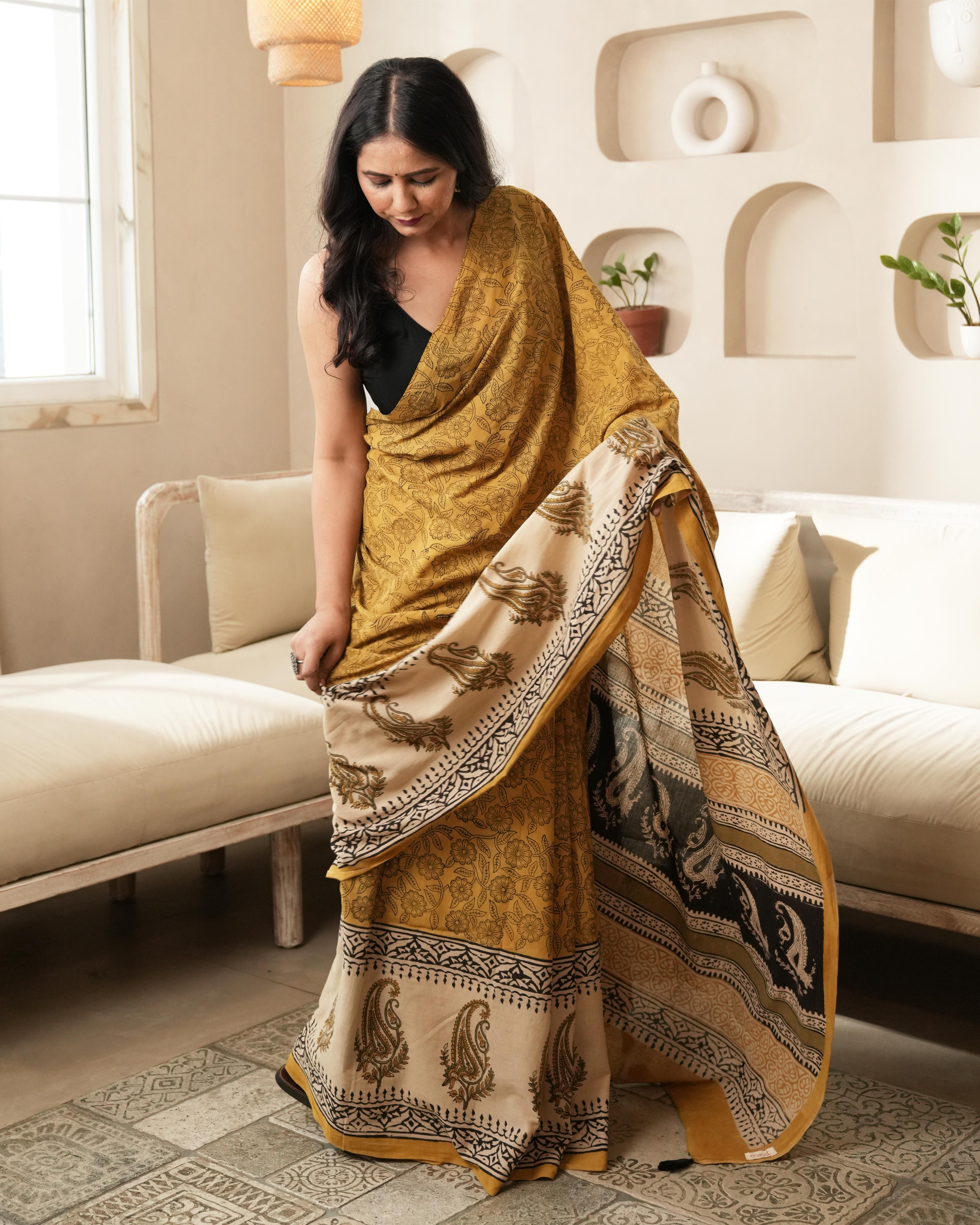 Mustard Paisley Border Bagru Print Mulmul Saree