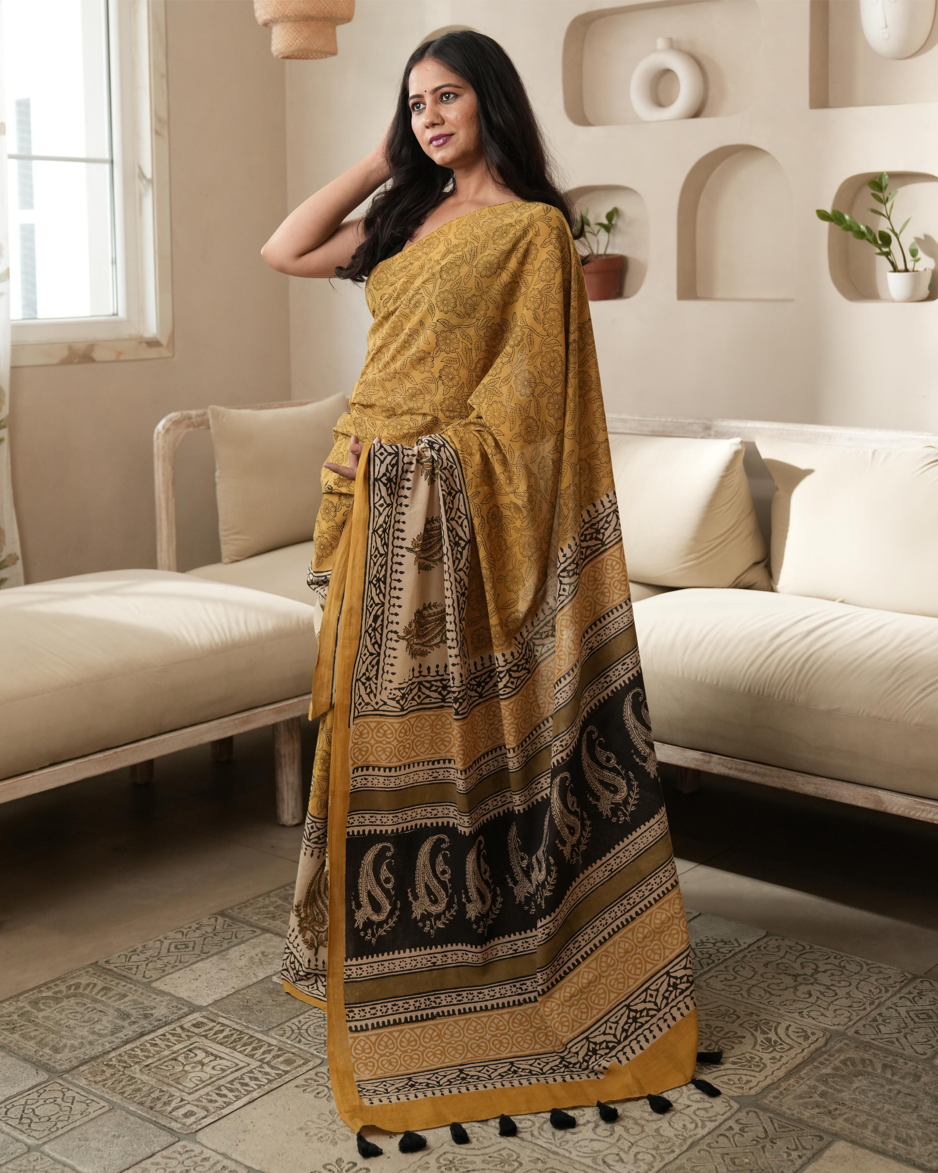Mustard Paisley Border Bagru Print Mulmul Saree