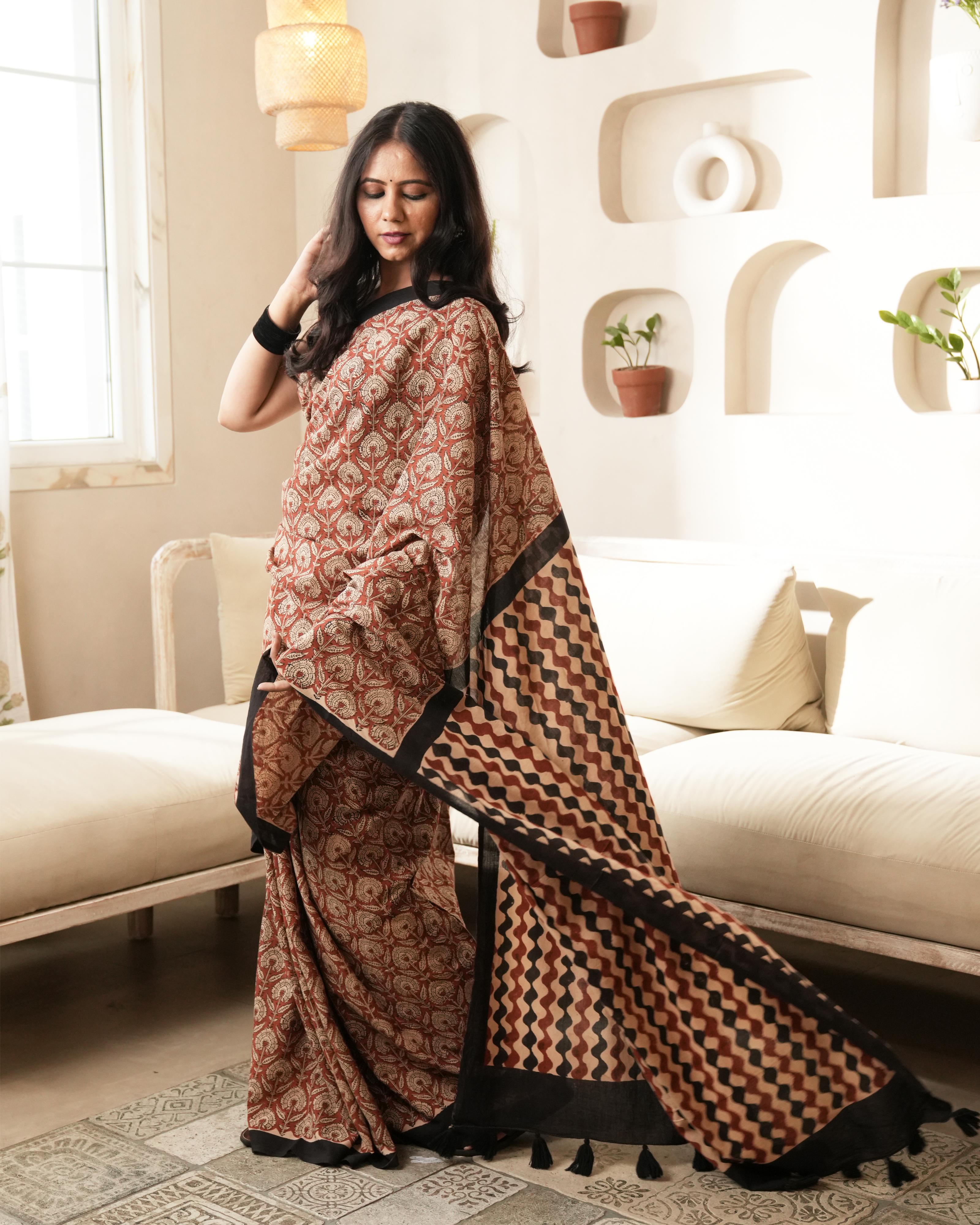 Red Bagru Floral Print Mulmul Saree