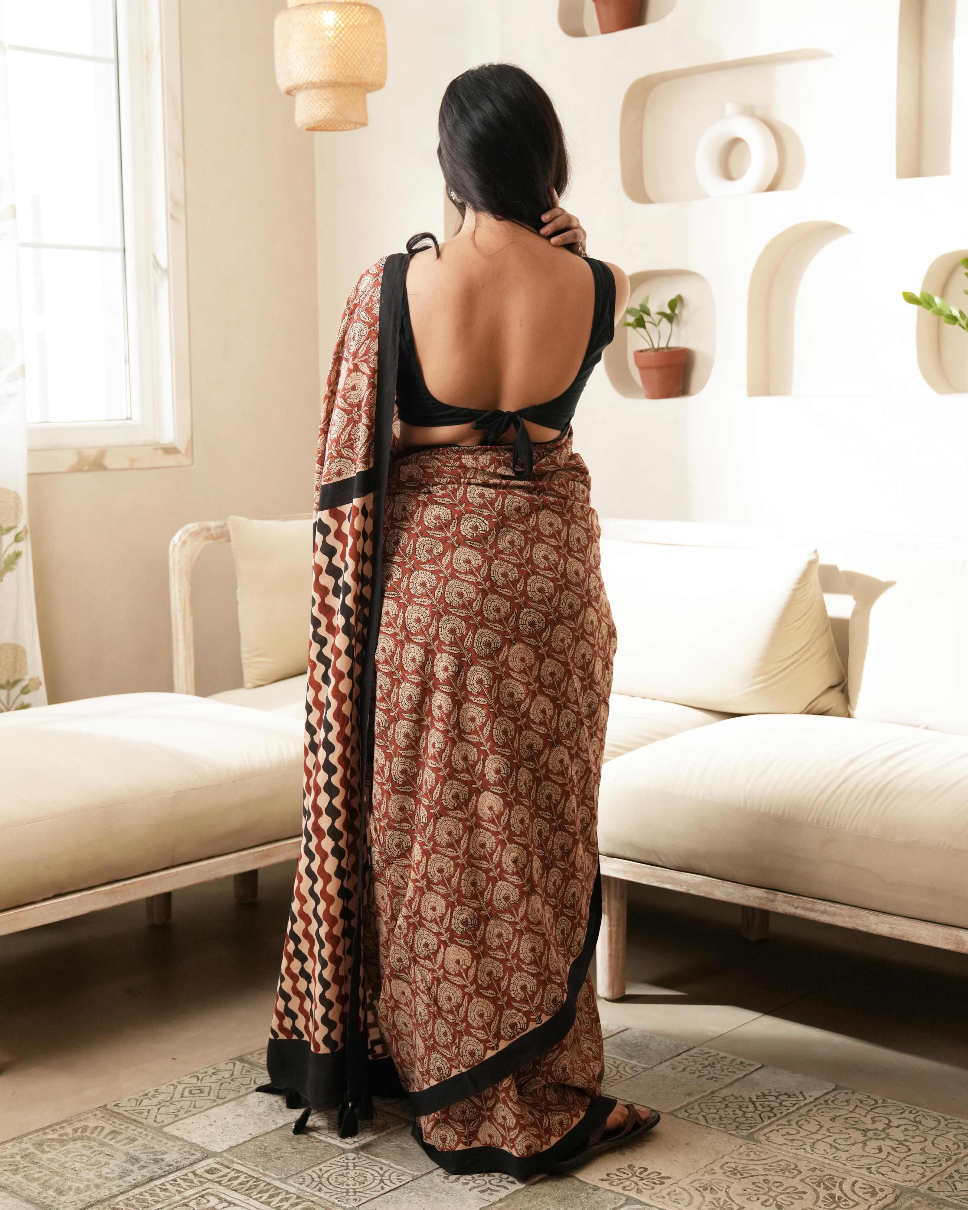 Red Bagru Floral Print Mulmul Saree