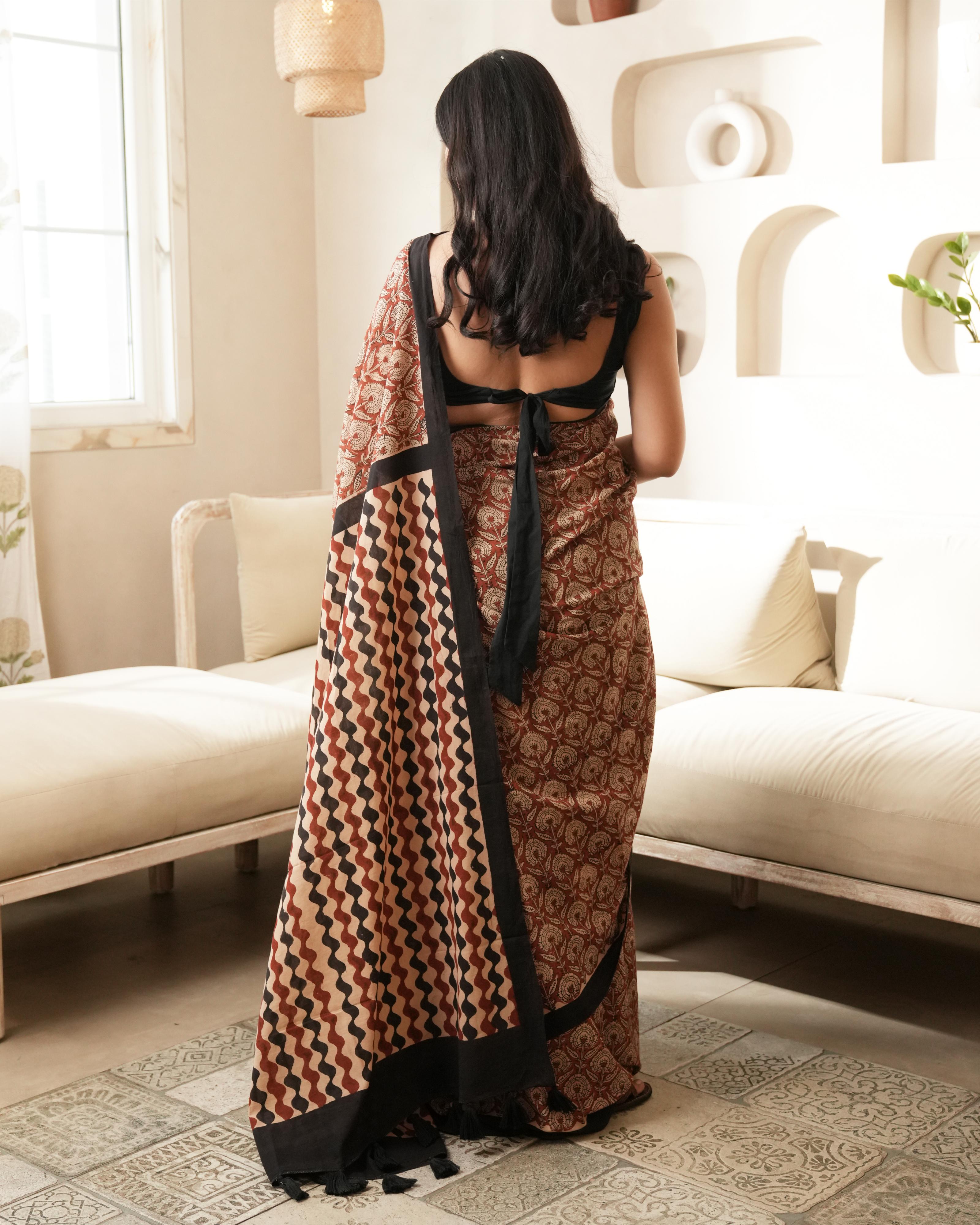 Red Bagru Floral Print Mulmul Saree
