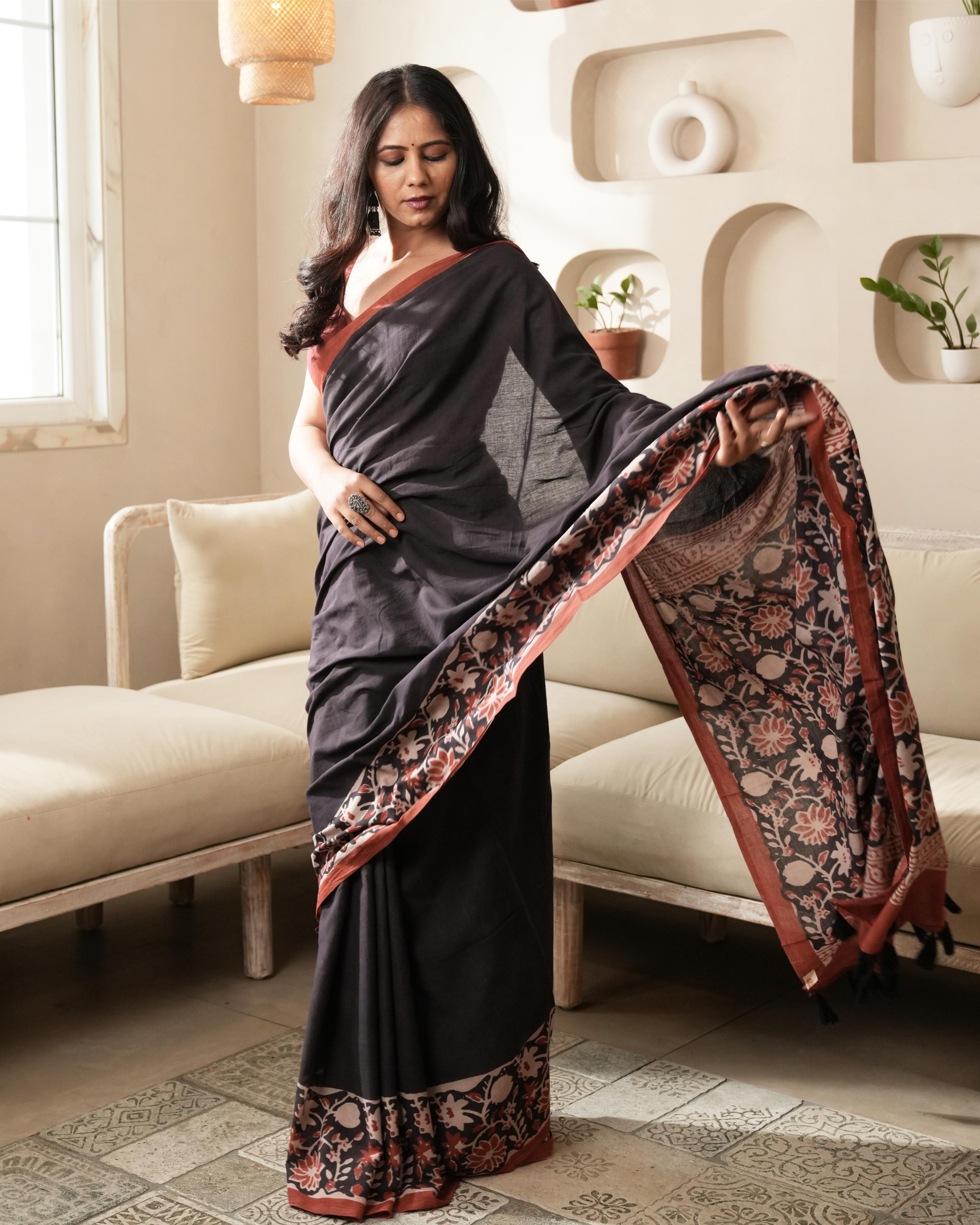 Black Floral Jaal Border Bagru Print Mulmul Saree