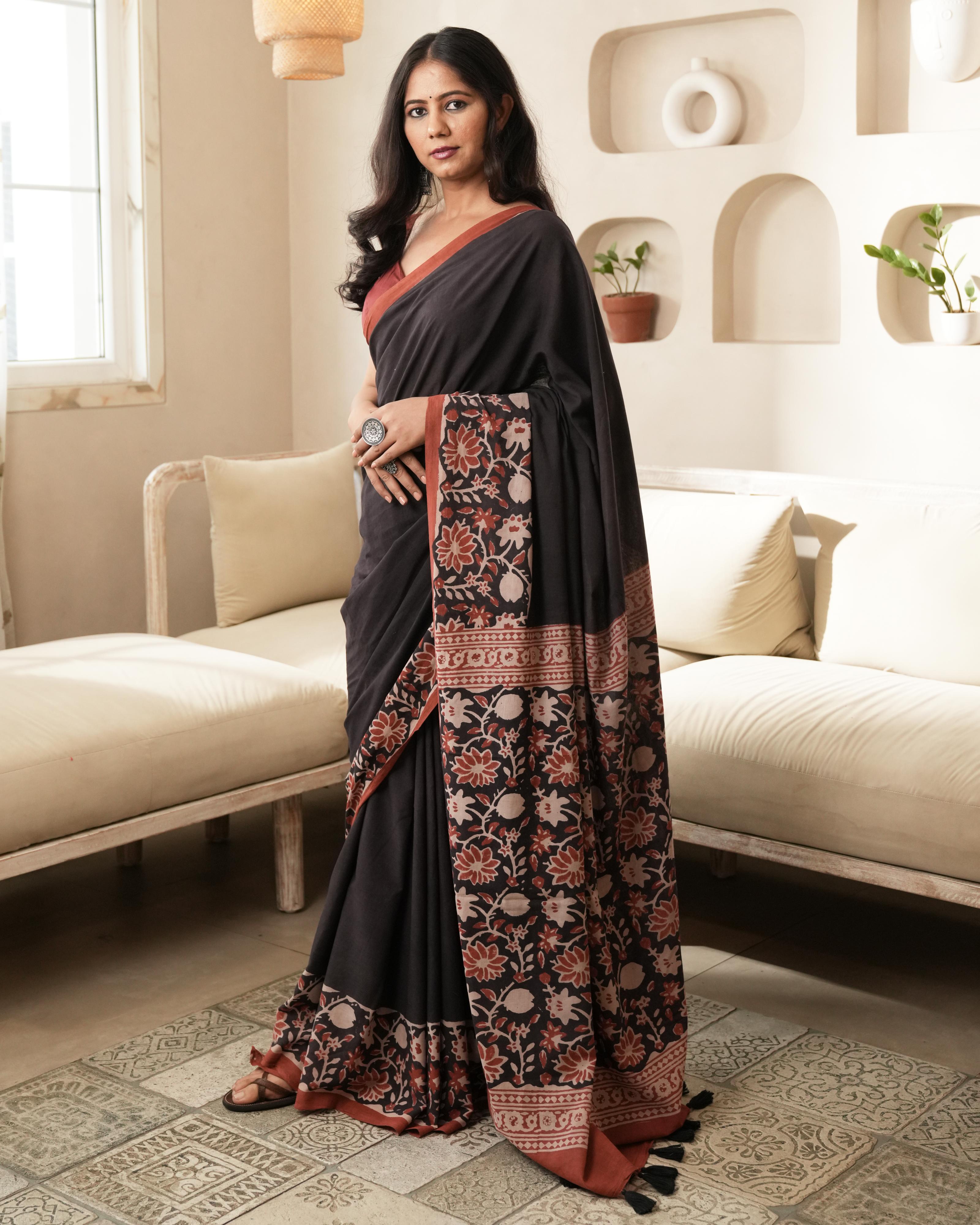 Black Floral Jaal Border Bagru Print Mulmul Saree